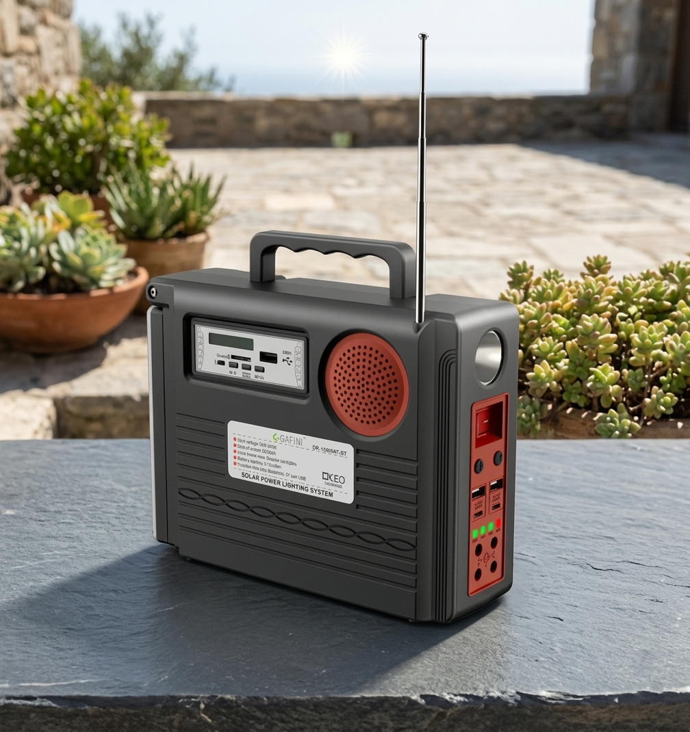 Una radio solar negra con altavoz rojo sobre una mesa de piedra, rodeada de plantas en maceta en una terraza.