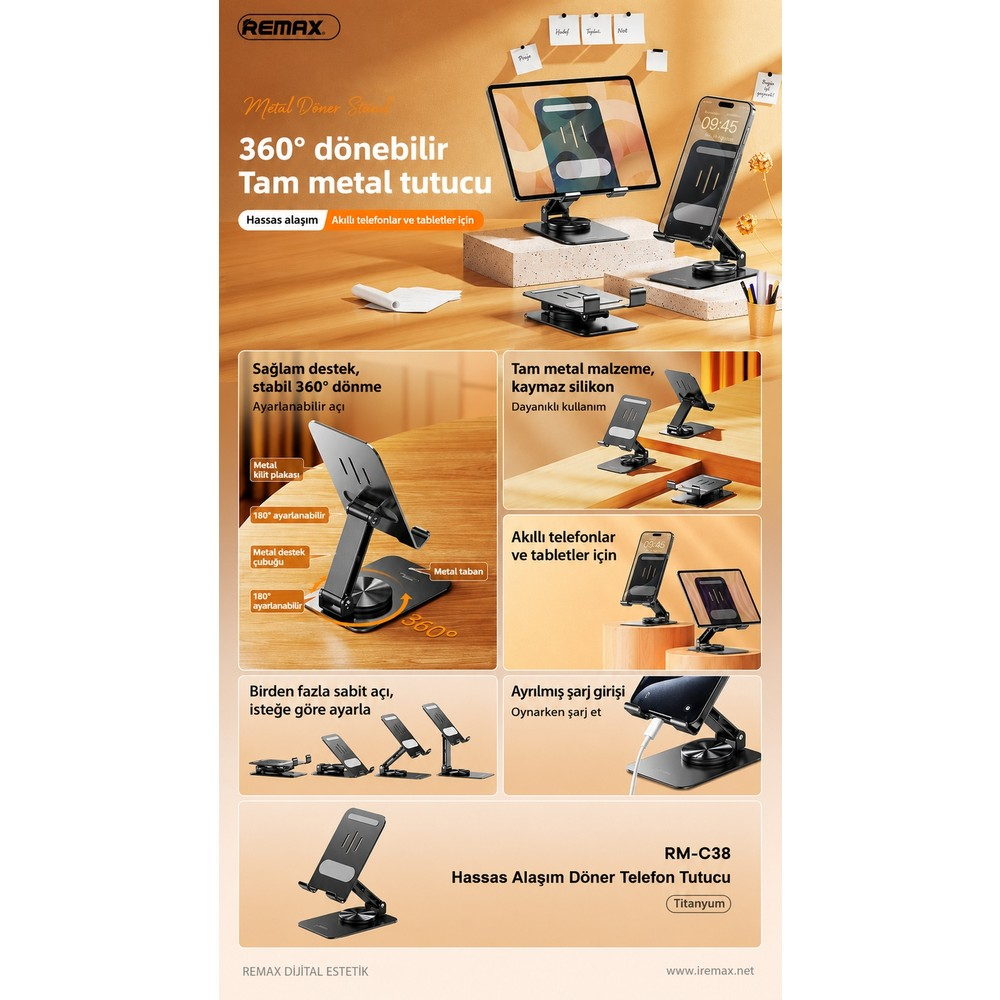 360 derece dönebilen metal telefon ve tablet tutucu için hazırlanmış, çeşitli açılar ve metinler içeren reklam.
