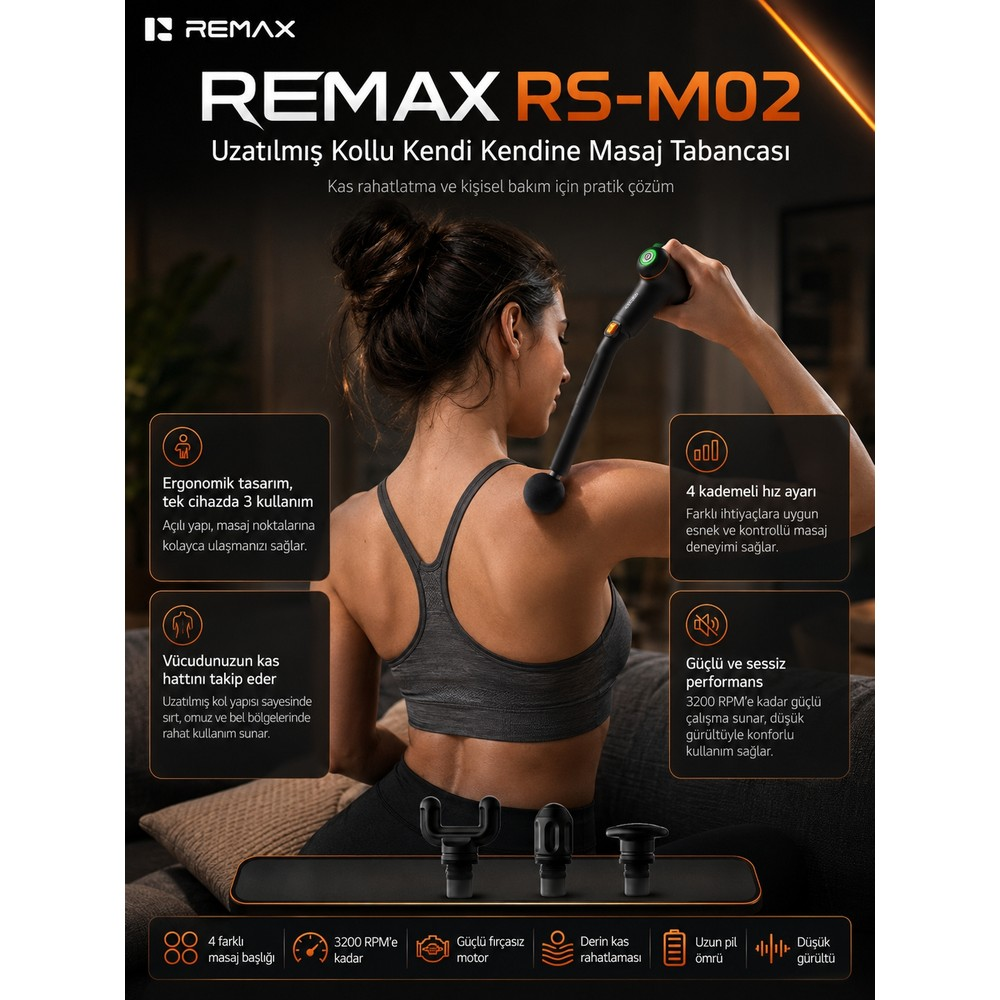 Kadın uzatılmış kollu Remax masaj tabancasıyla sırtına masaj yapıyor.