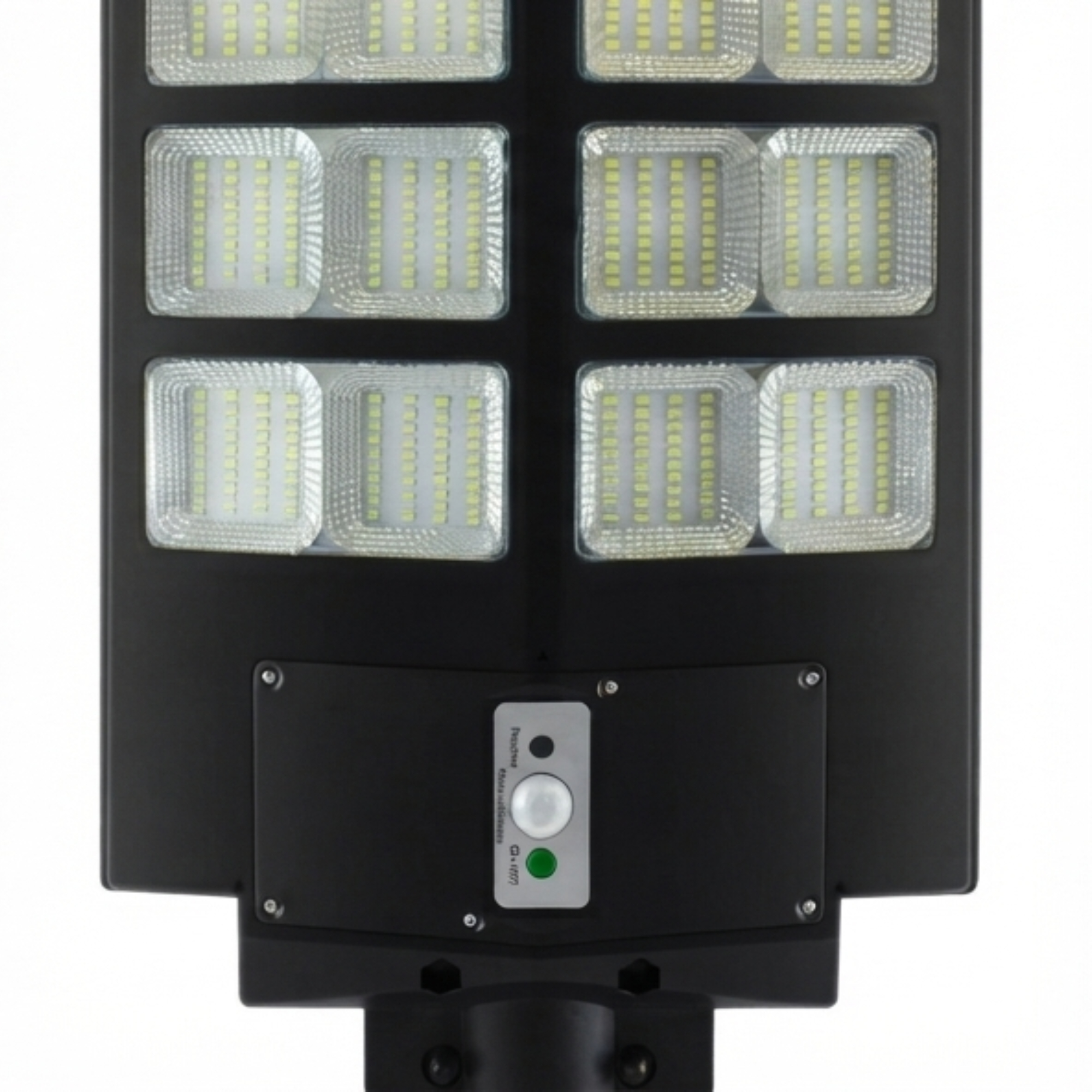 Farola LED negra con múltiples módulos de luz amarilla y un sensor de movimiento en la parte inferior.