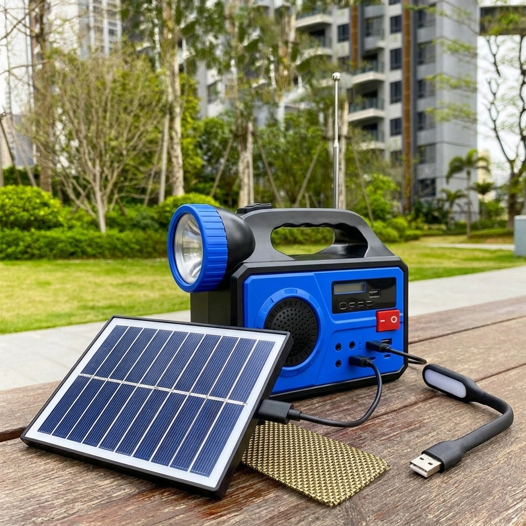 Radio azul portátil con panel solar, lámpara y cable USB en una mesa de madera en un parque.