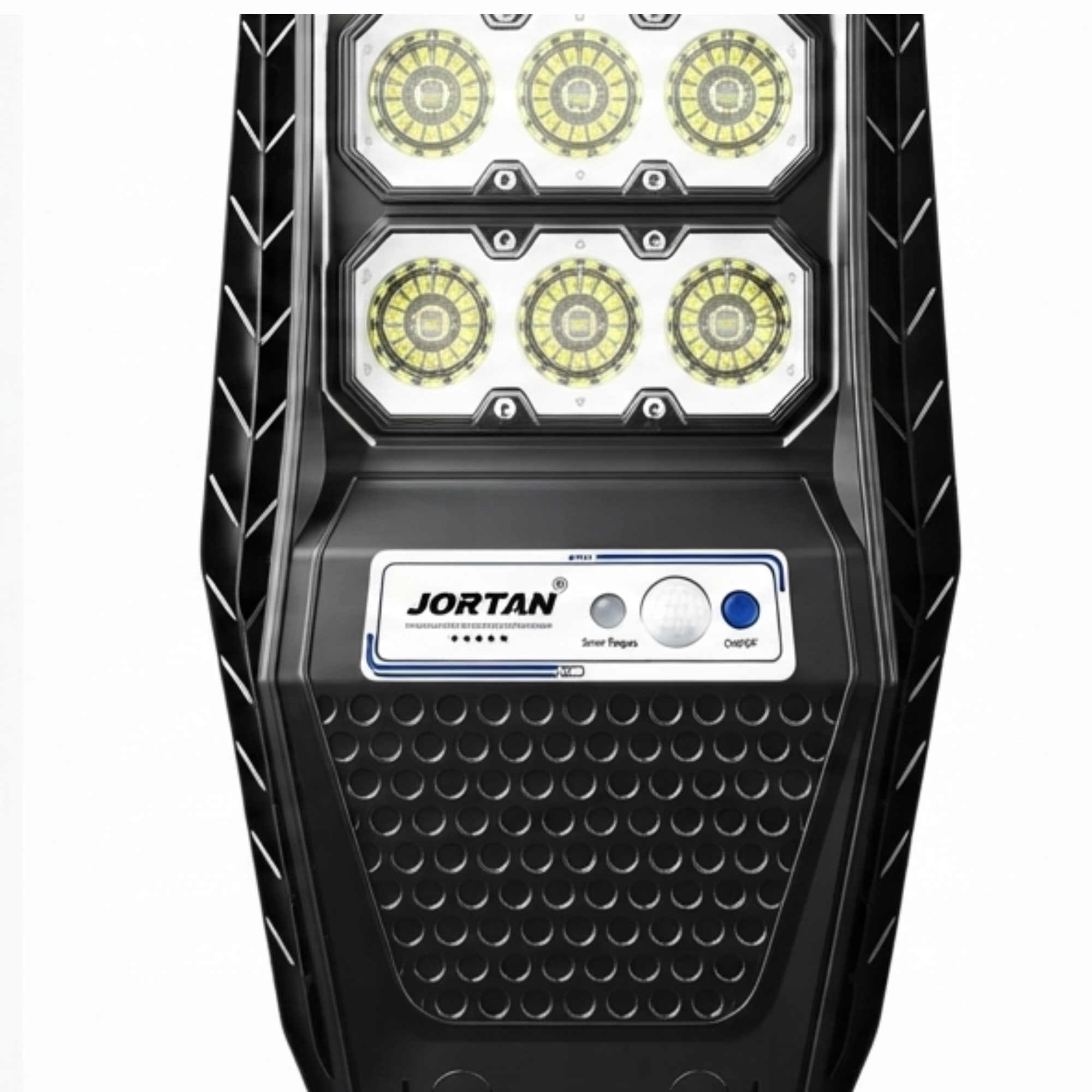 Farola LED Jortan negra con seis módulos de iluminación redondos y un panel de control con sensores.