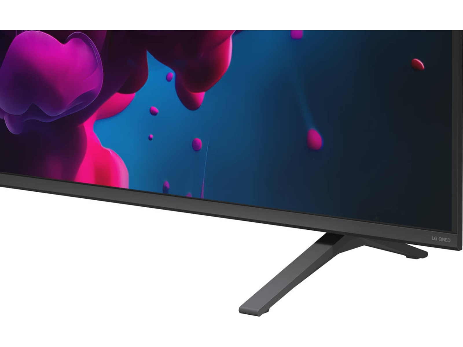 Schermo TV piatto con cornice sottile e supporto a V che mostra una grafica astratta blu e rosa.
