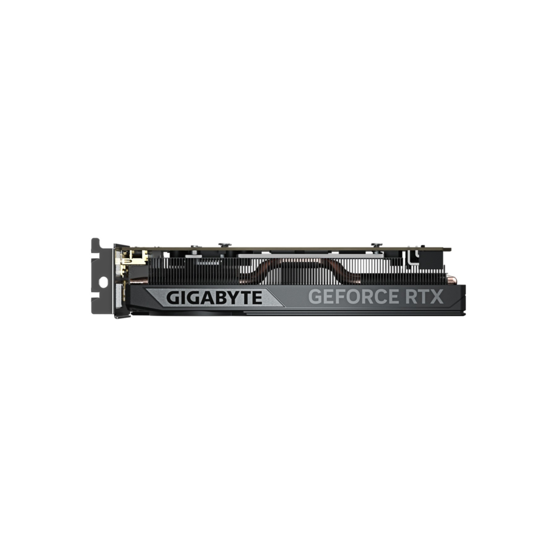 Vista laterale di una scheda video nera Gigabyte GeForce RTX su sfondo bianco.