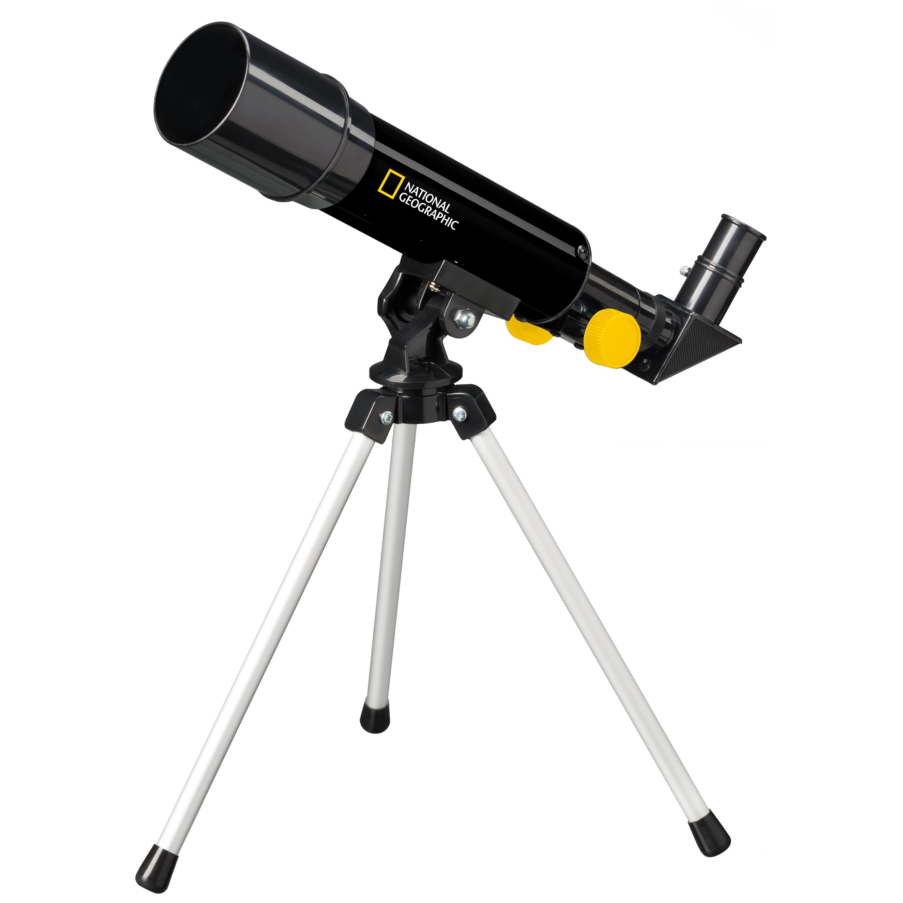 Telescopio negro National Geographic sobre trípode blanco, aislado en fondo blanco.