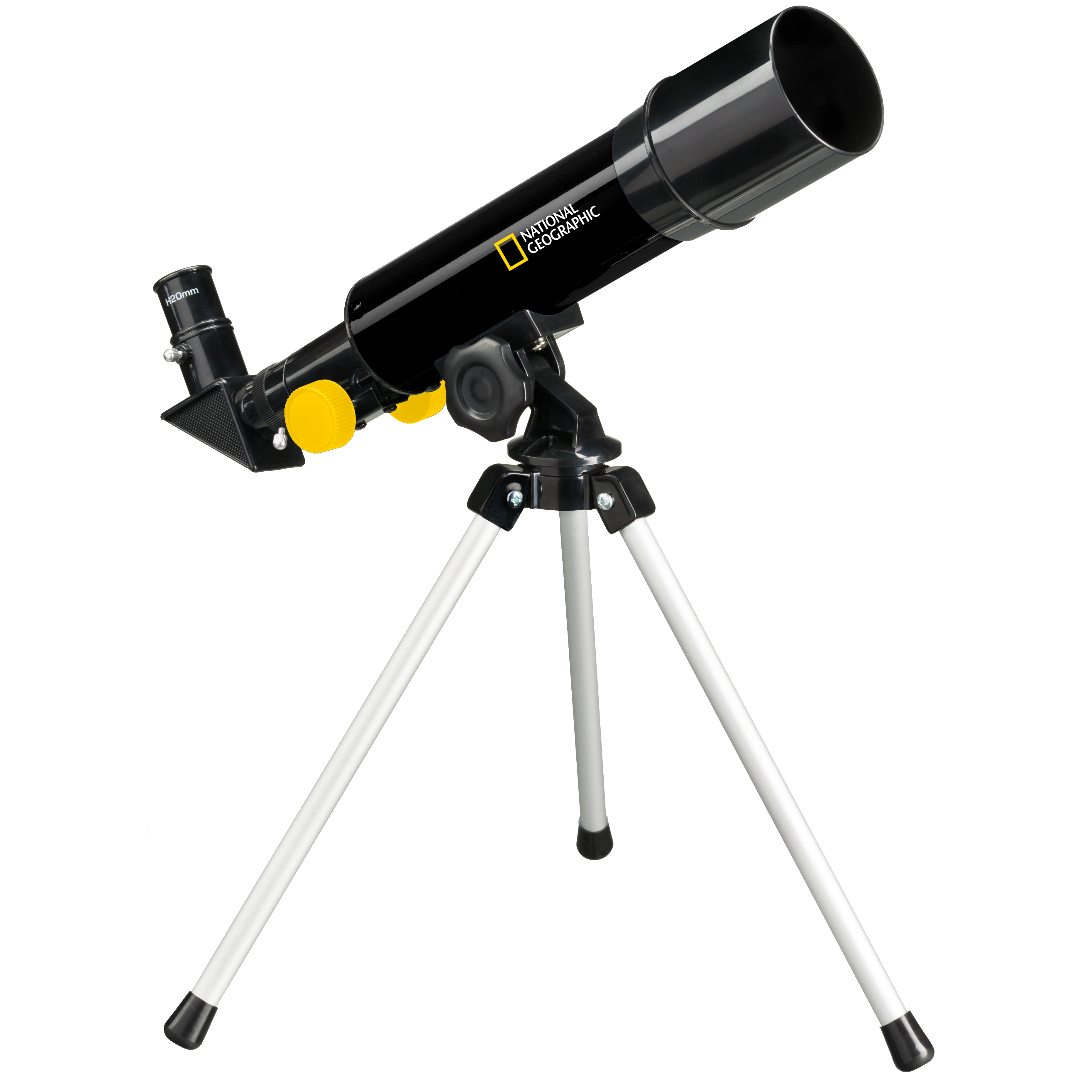Un telescopio negro National Geographic montado en un trípode plateado sobre fondo blanco.