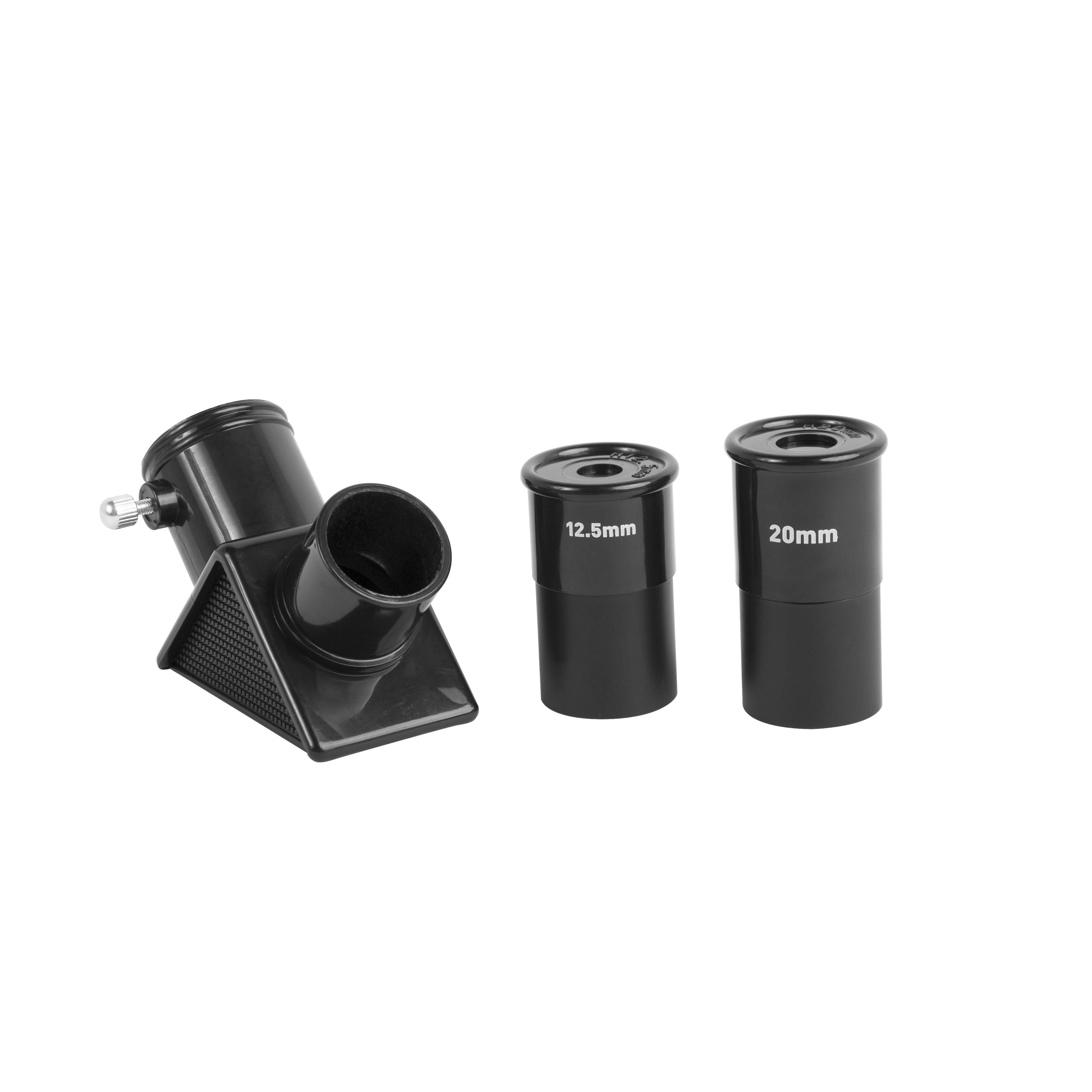 Tres accesorios negros para telescopio sobre fondo blanco, incluyendo un espejo diagonal y dos oculares de 12.5 mm y 20 mm.