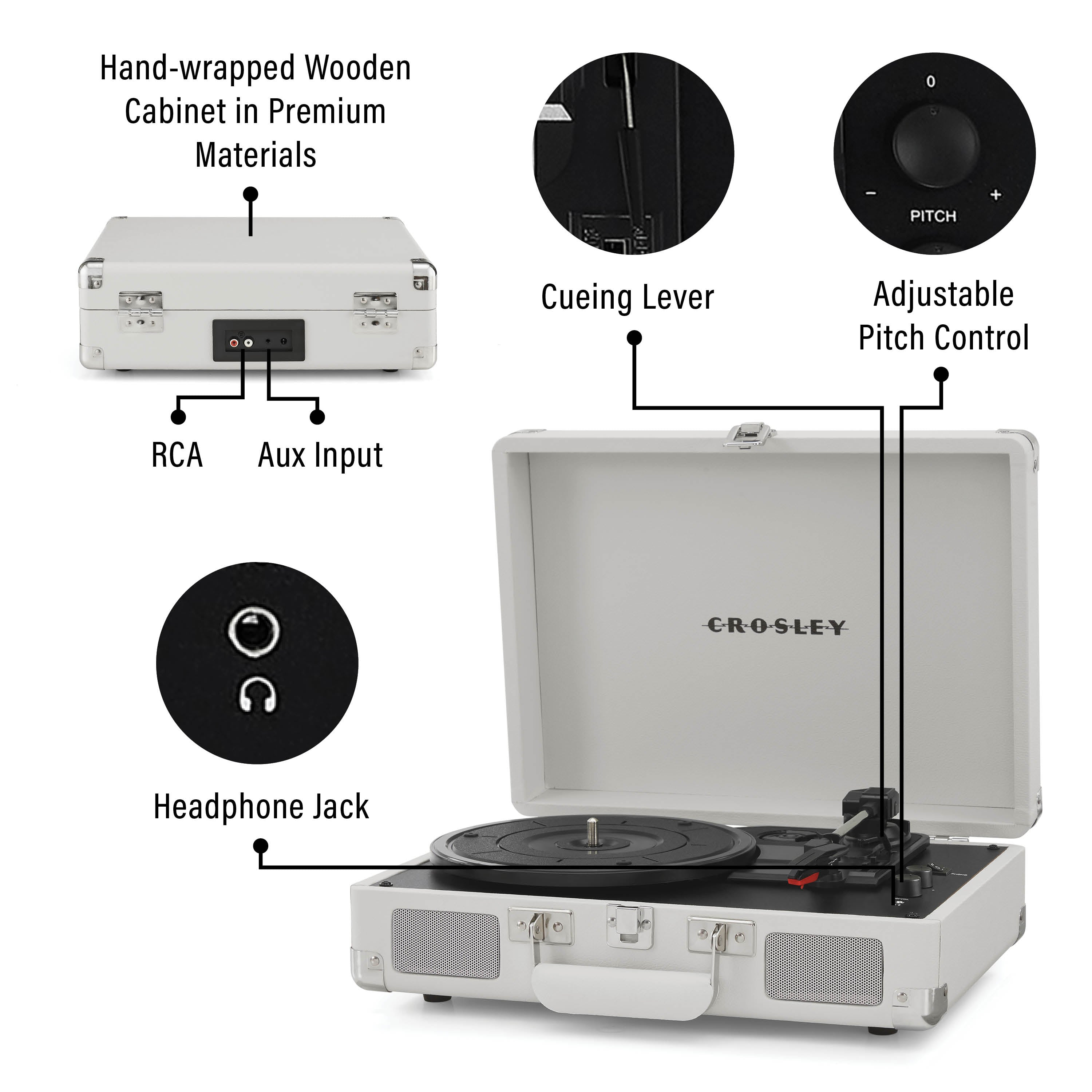 Weißer Crosley Plattenspieler mit RCA, Aux, Kopfhörerbuchse, Tonarmlift und Pitch-Regler.