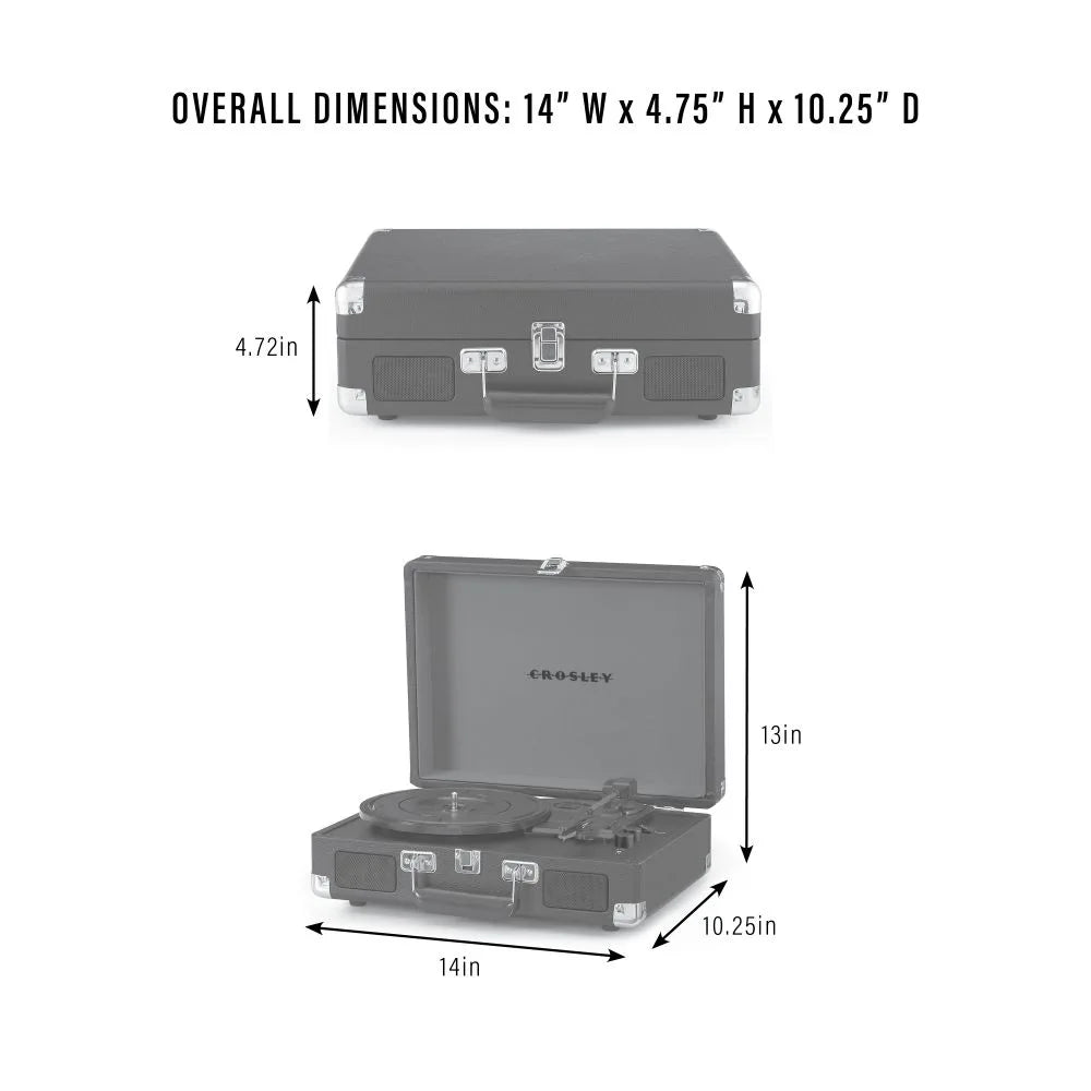Grauer Crosley-Plattenspieler im Kofferformat mit Maßangaben für Breite, Höhe und Tiefe.