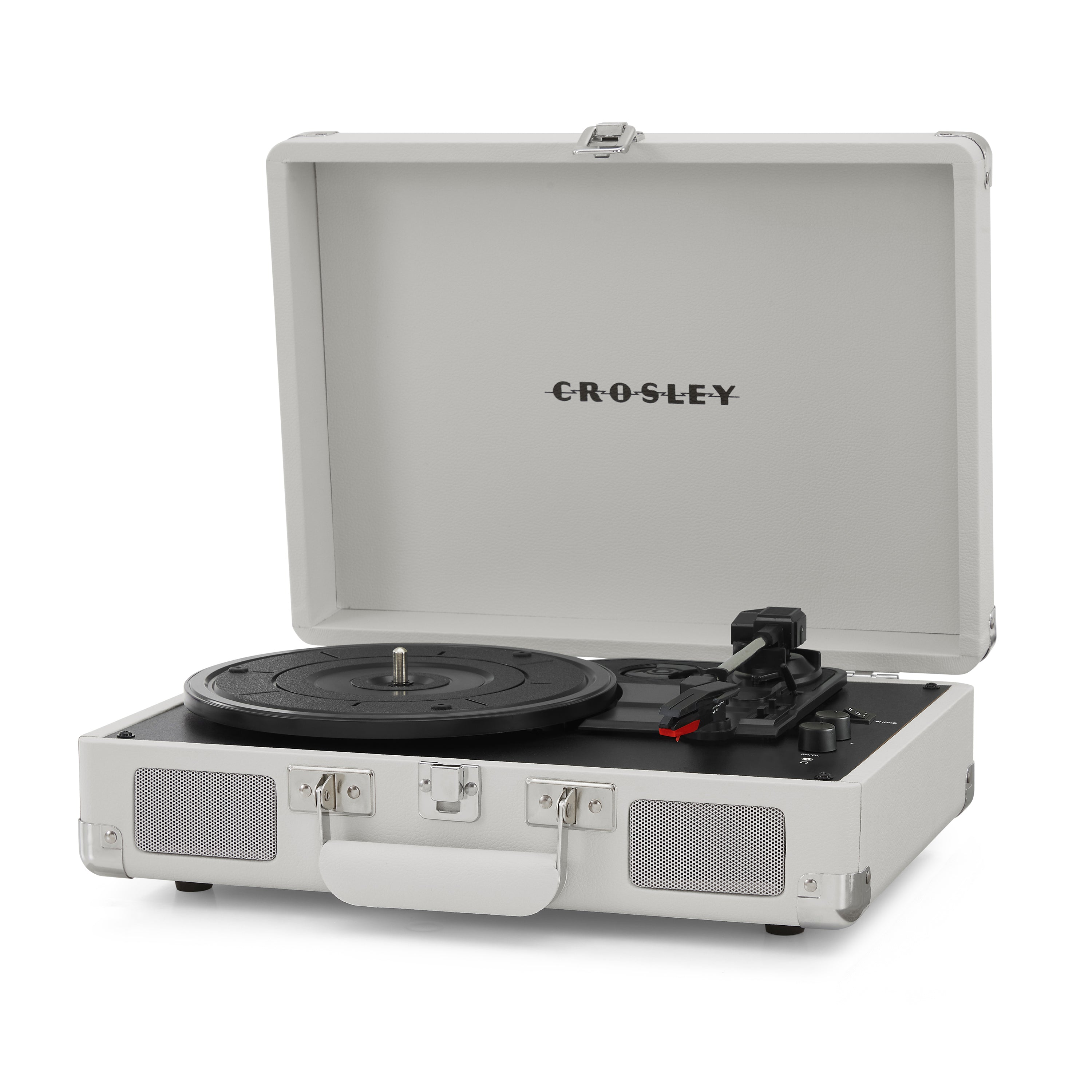 Ein weißer Crosley-Plattenspieler im Kofferdesign mit integrierten Lautsprechern.