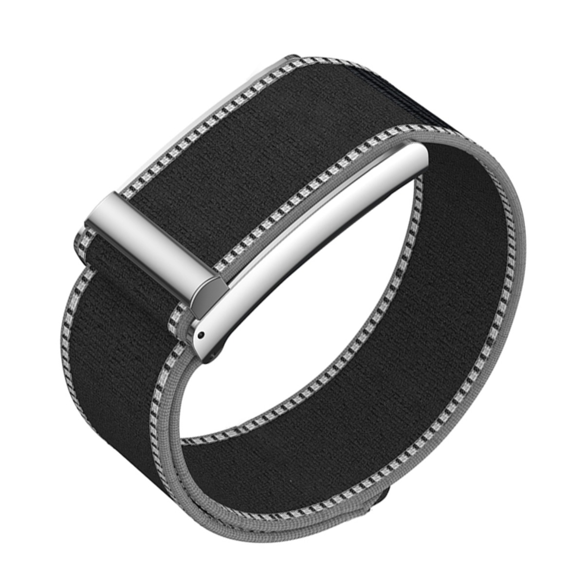 Ein schwarz-graues Textil-Uhrenarmband mit silberner Metallschließe vor weißem Hintergrund.