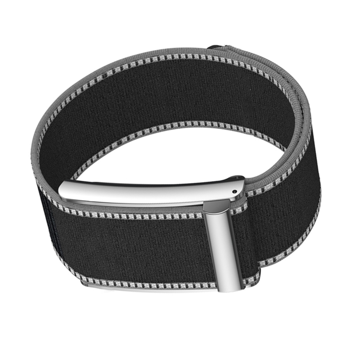 Ein schwarzes Nylon-Uhrenarmband mit silbergrauen Kanten und einer glänzenden Metallschnalle auf weißem Hintergrund.