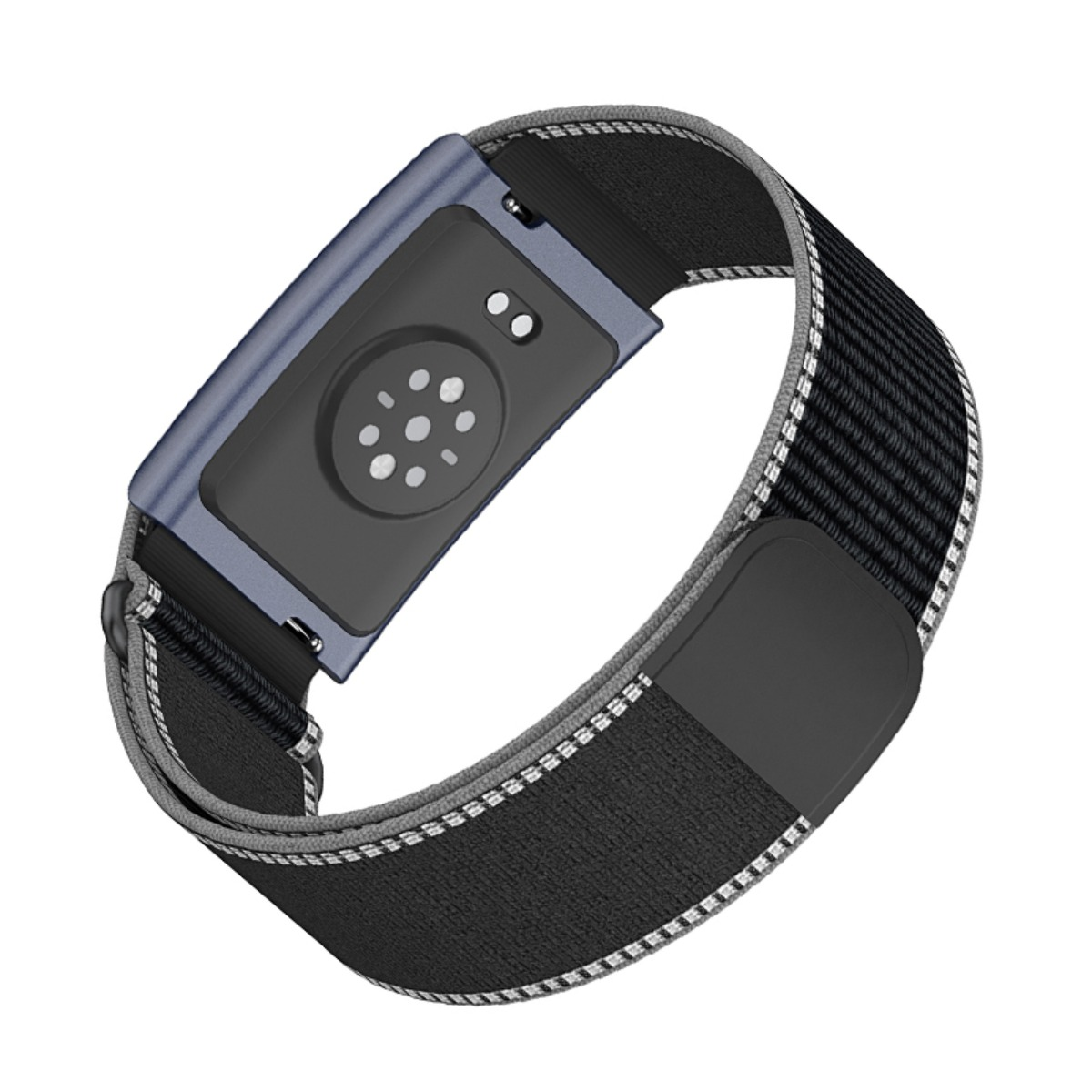 Unterseite einer Smartwatch mit Sensor und schwarzem Stoffarmband auf weißem Hintergrund.