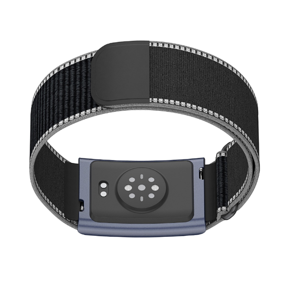 Fitnessarmband mit schwarzem Nylonarmband und Sensoren auf der Rückseite.