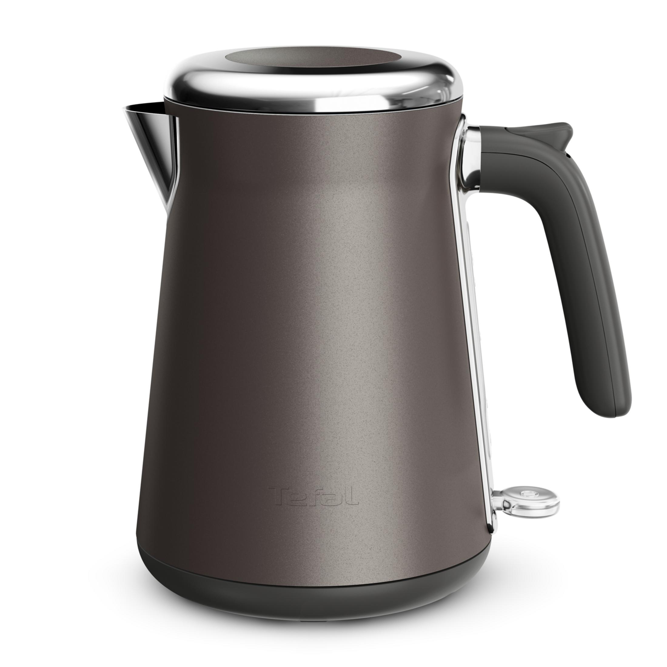 Un moderno bollitore elettrico Tefal grigio con manico nero e coperchio cromato su sfondo bianco.