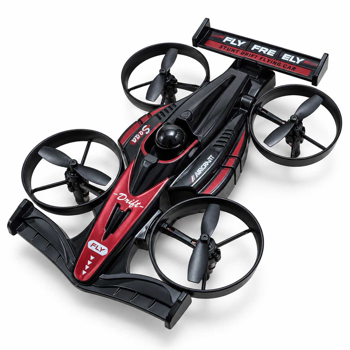 Un juguete de coche volador de drift acrobático en negro y rojo con cuatro hélices en anillos protectores.