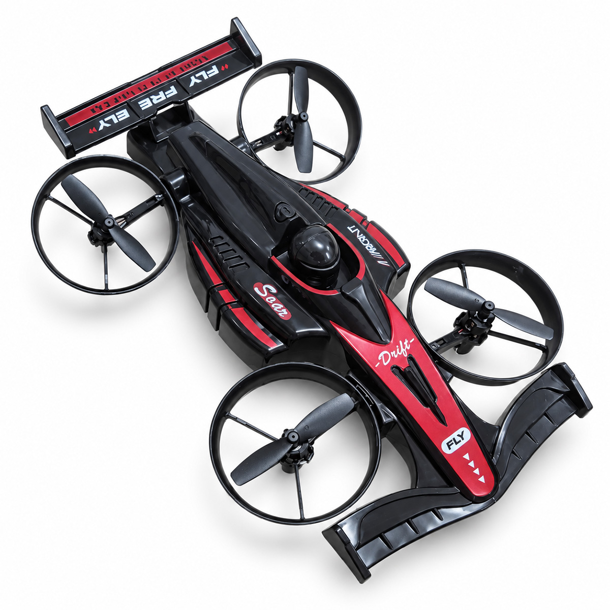 Un dron teledirigido negro y rojo con forma de coche de carreras, cuatro hélices y texto en el cuerpo.