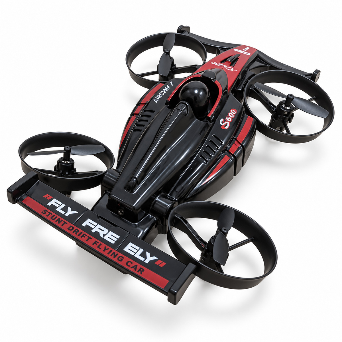 Un auto volador RC negro y rojo con cuatro hélices carenadas y texto sobre un fondo blanco.