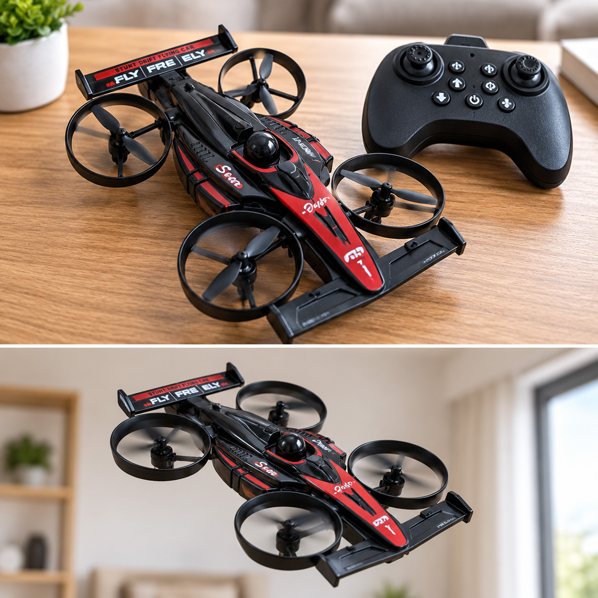 Un juguete de carro volador negro y rojo con hélices y control remoto en una mesa de madera.