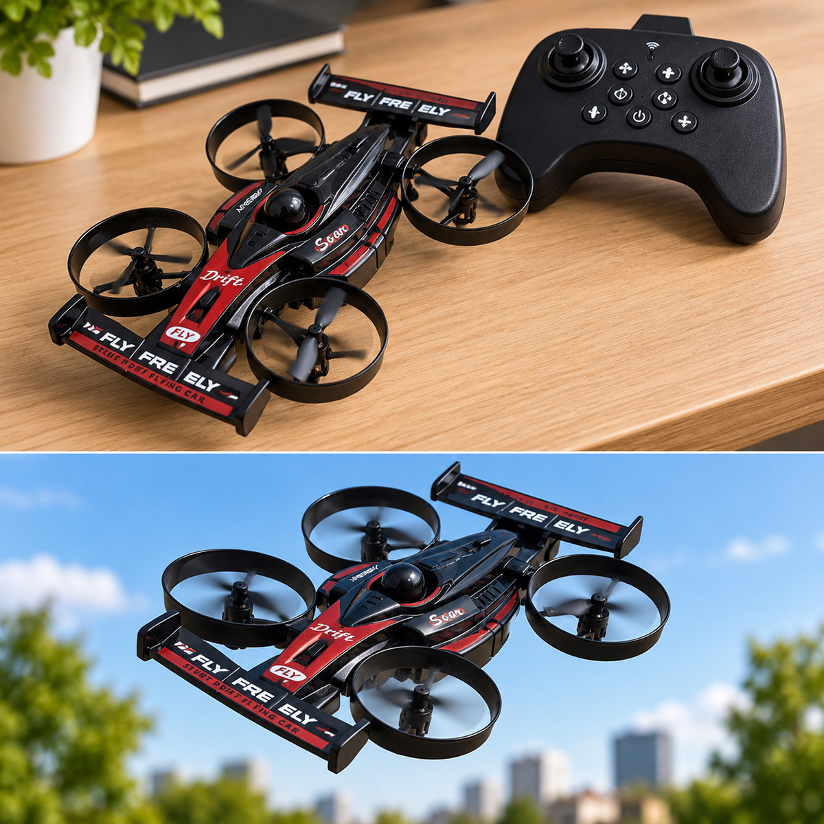 Un auto dron rojo y negro con control remoto en madera y en vuelo.