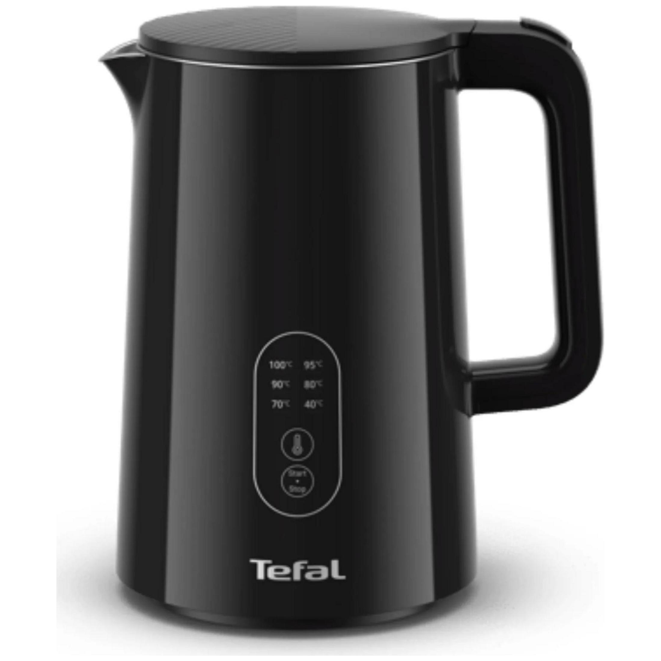 Un bollitore elettrico nero Tefal con controlli digitali della temperatura.