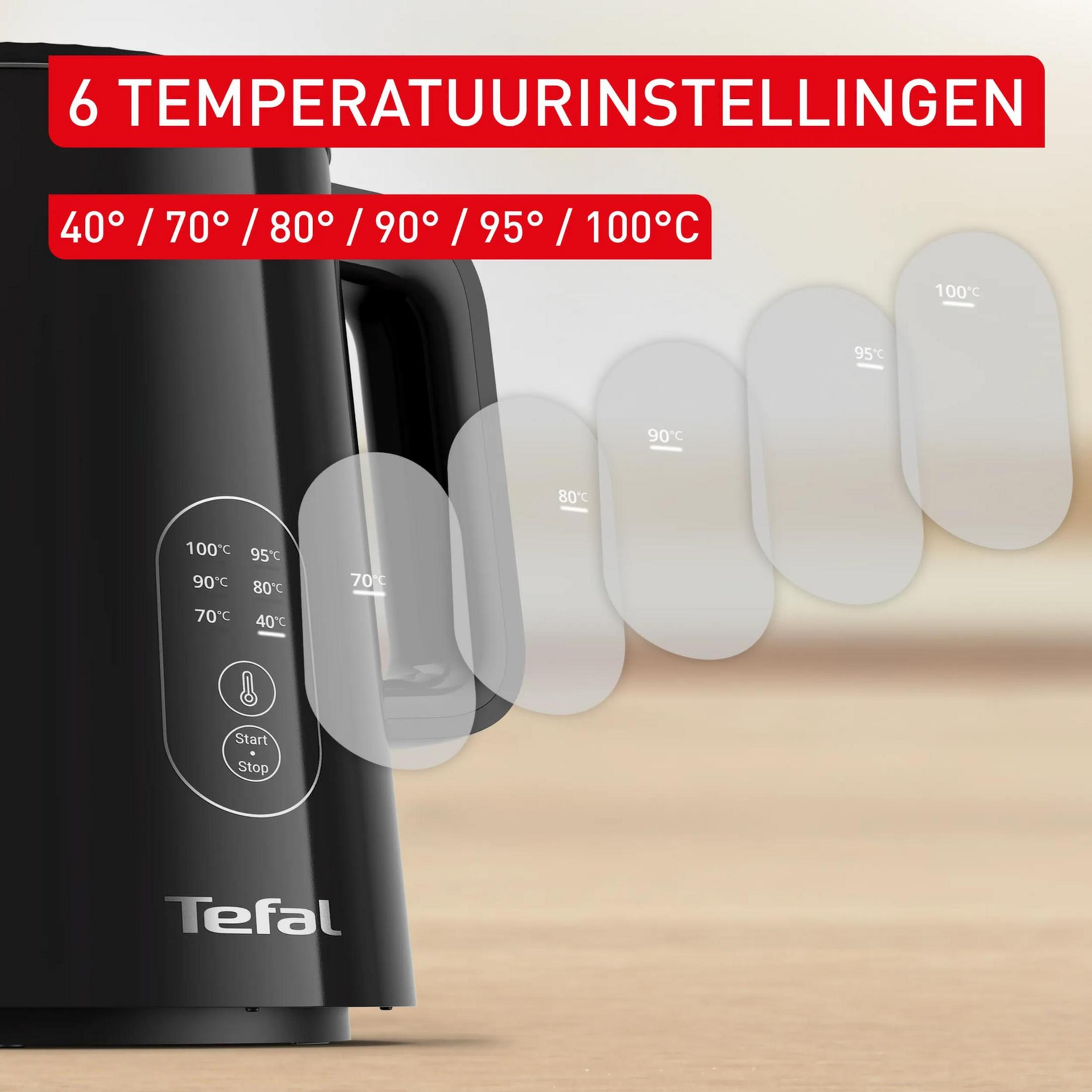Un bollitore nero Tefal che mostra sei impostazioni di temperatura da 40 a 100 gradi Celsius con indicatori luminosi.