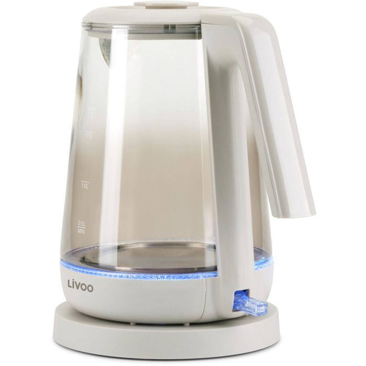 Bollitore elettrico in vetro trasparente con base, manico e coperchio bianchi, con un anello blu luminoso.