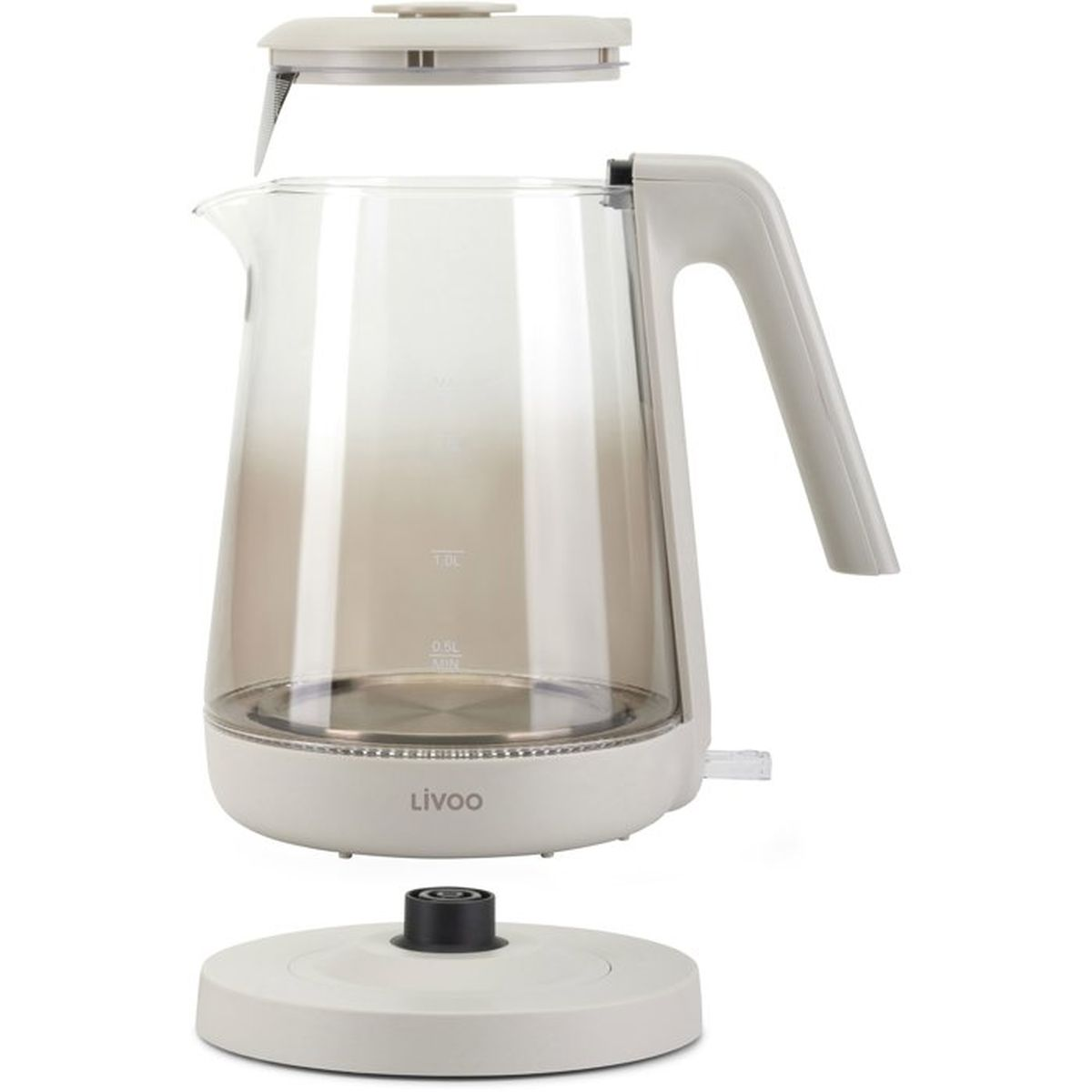 Bollitore elettrico in vetro trasparente e beige con base separata e coperchio aperto, su sfondo bianco.