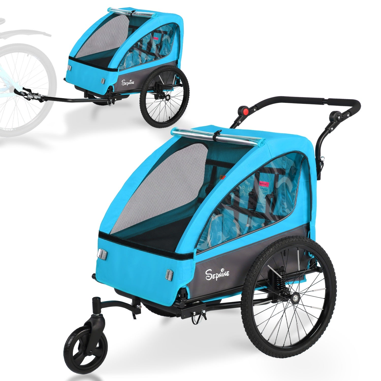 Un remolque de bicicleta para niños azul y gris se convierte en carrito, con y sin manillar.