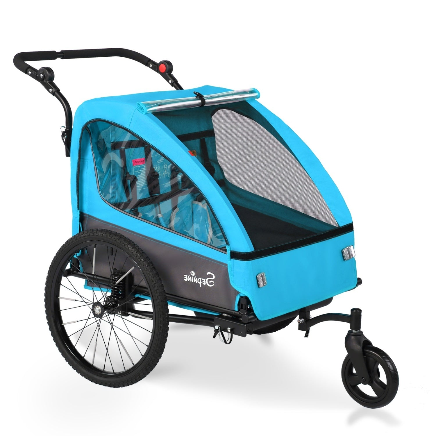 Un remolque de bicicleta azul y gris con ruedas grandes y manillar ajustable sobre un fondo blanco.