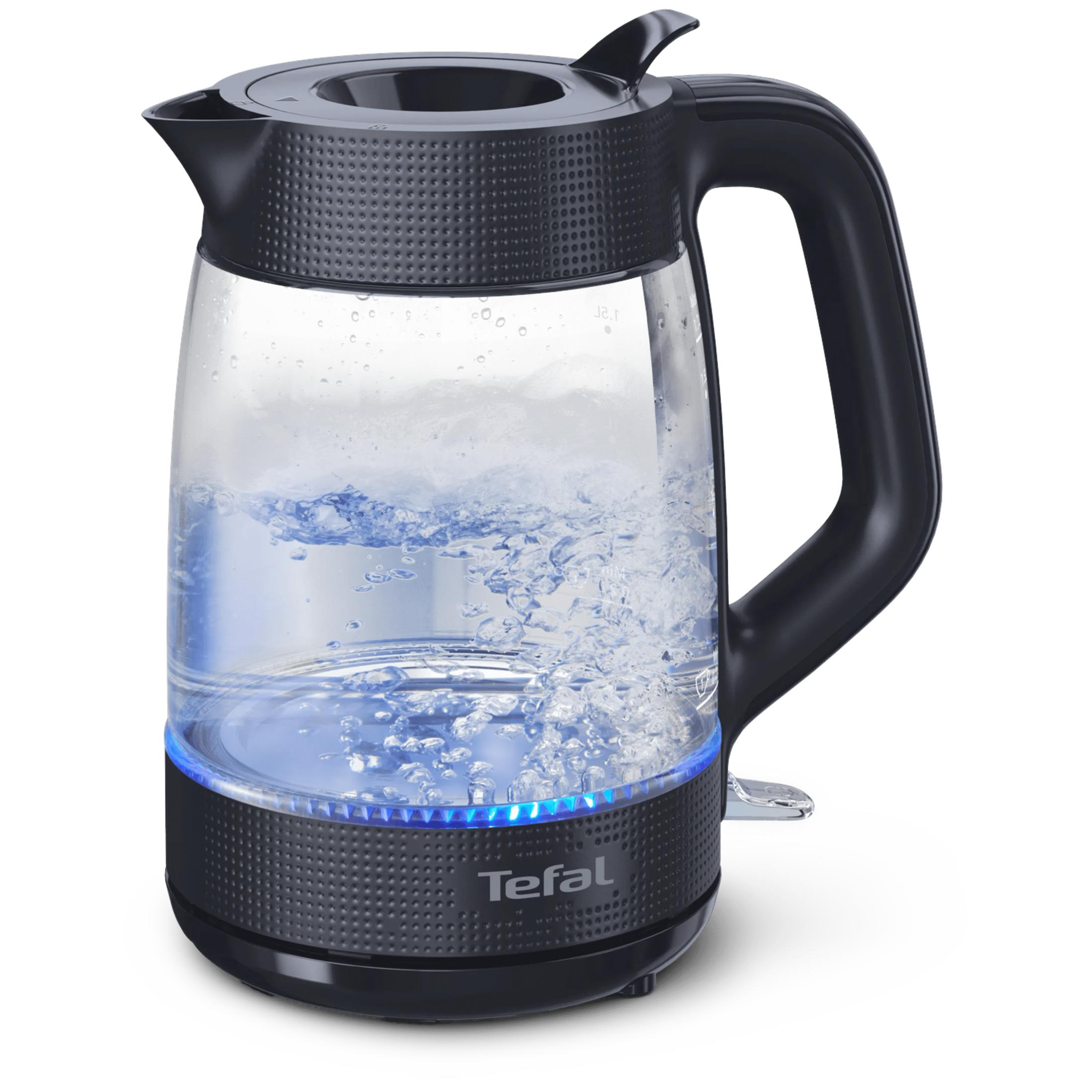 Un moderno bollitore in vetro Tefal con acqua bollente, base nera, manico e luce blu inferiore.