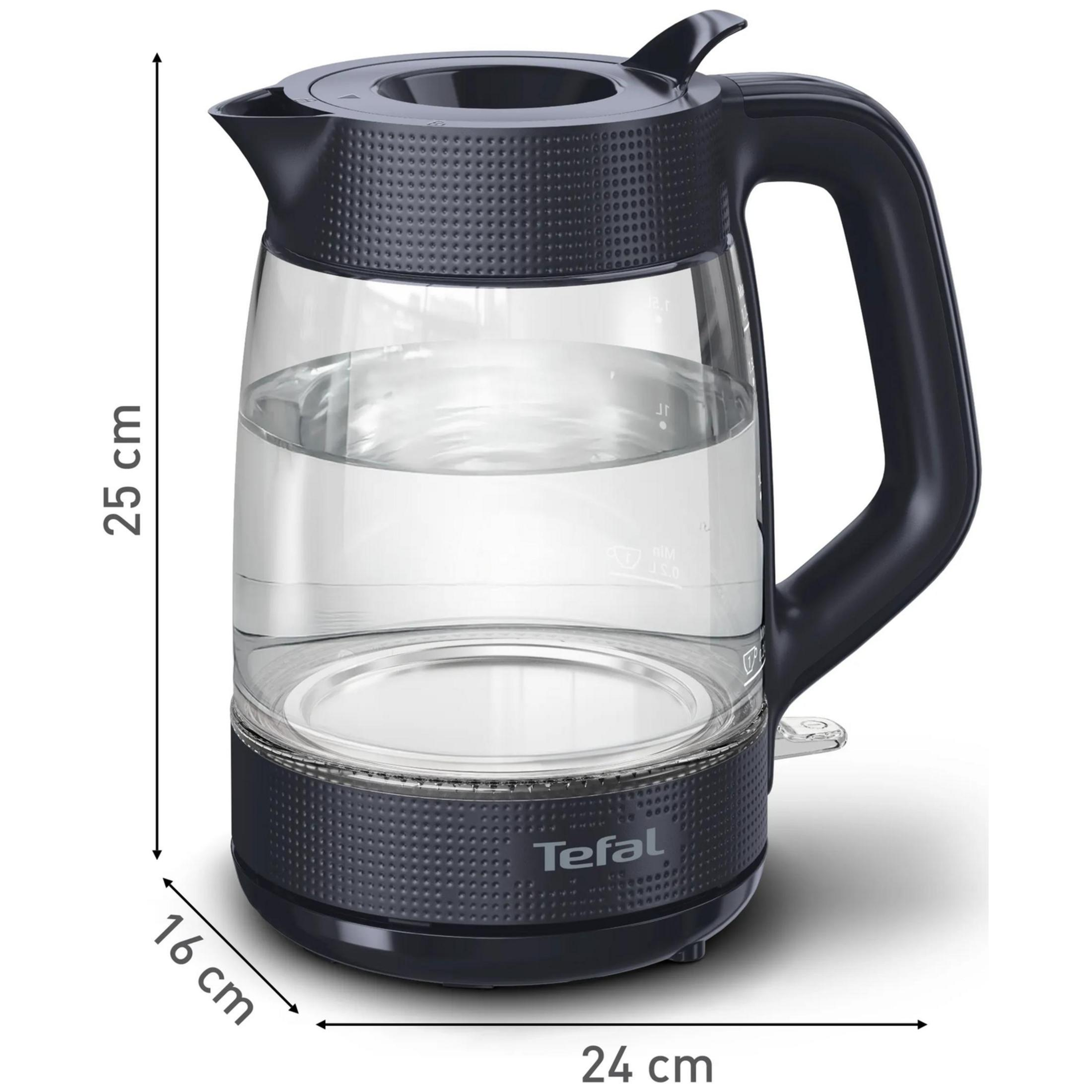 Bollitore in vetro nero Tefal con dimensioni 25x24x16 cm su sfondo bianco.