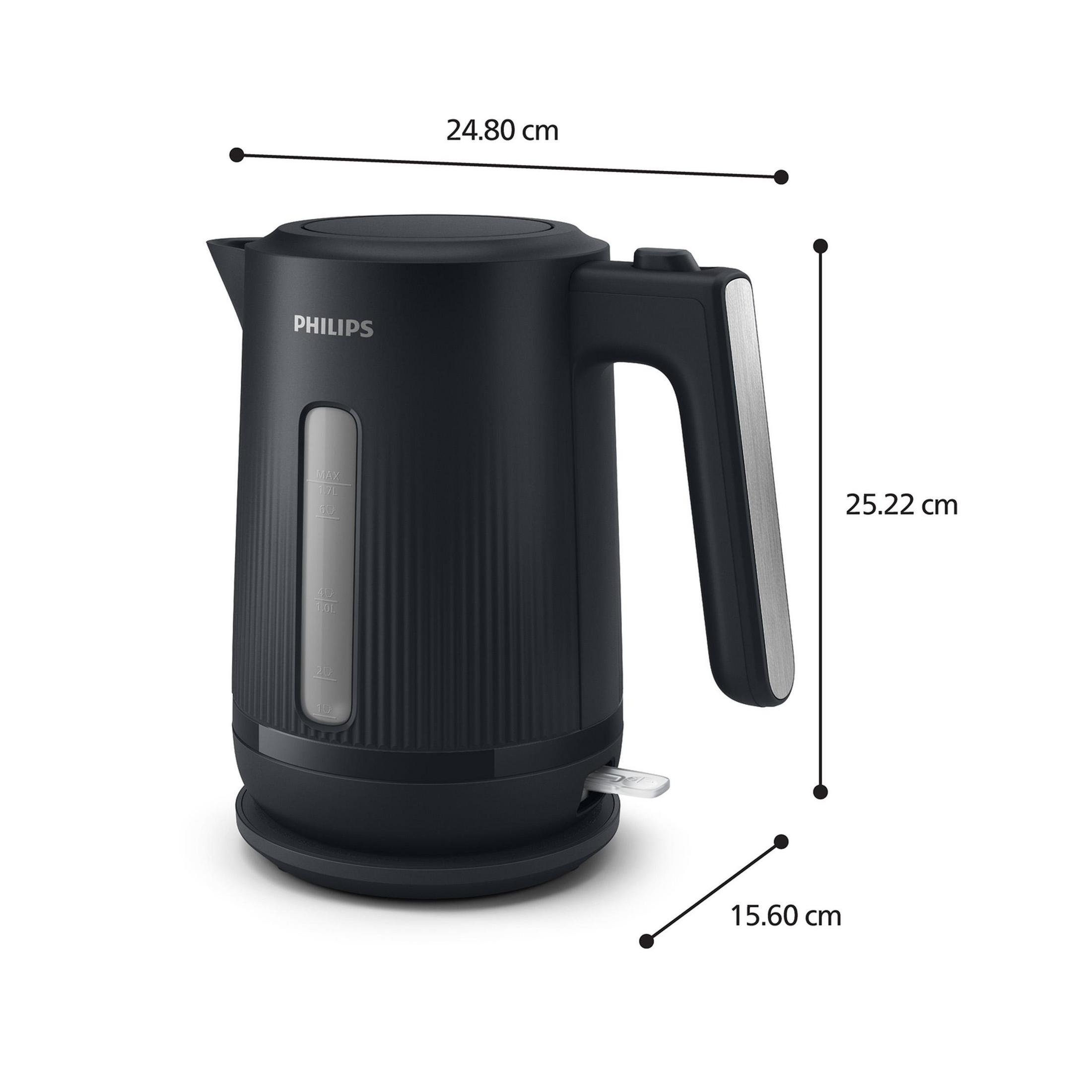 Bollitore elettrico nero Philips su base con frecce dimensionali che indicano larghezza, altezza e profondità.
