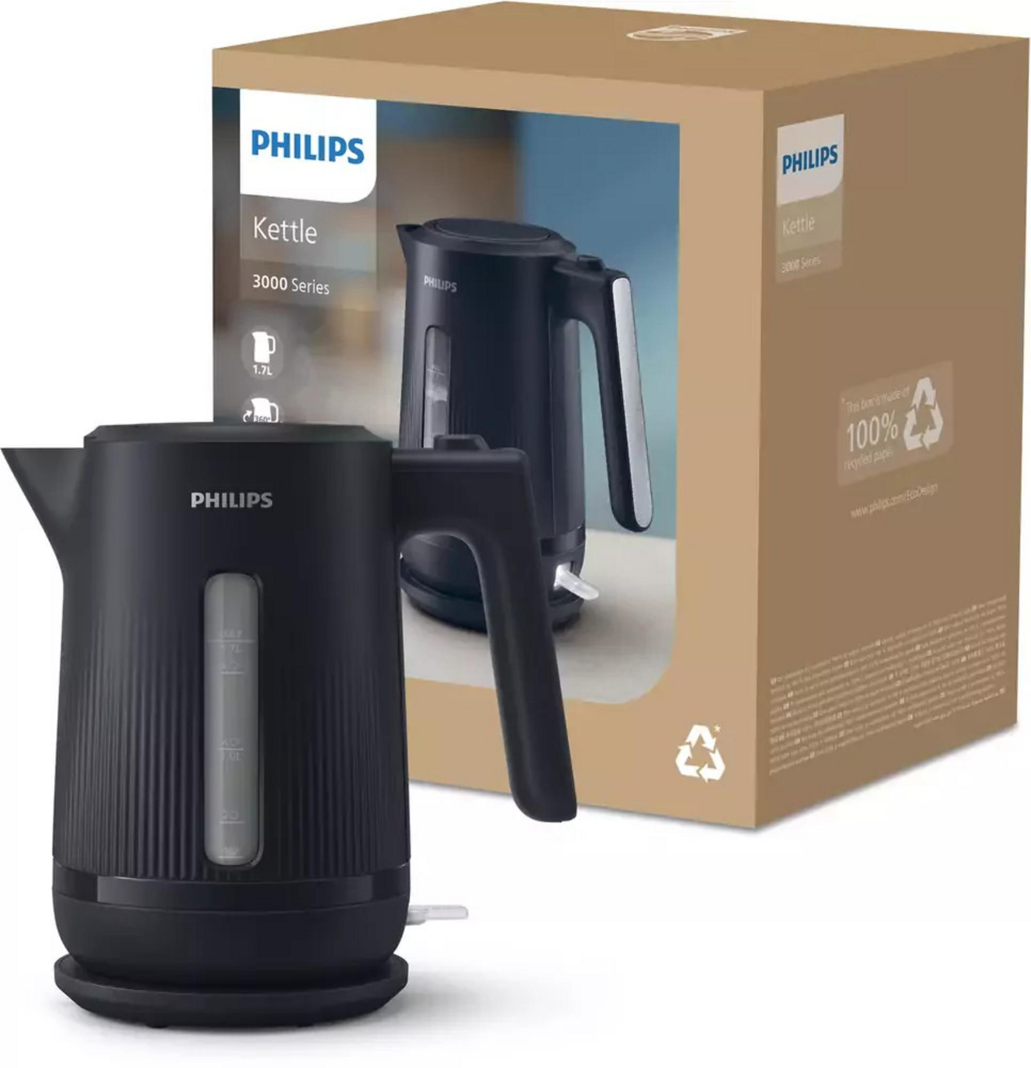 Un bollitore nero Philips Serie 3000 si trova davanti alla sua scatola.
