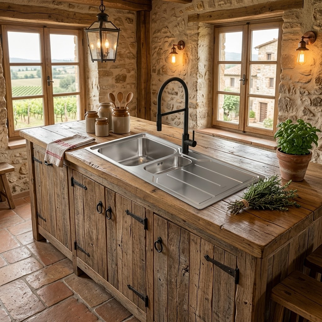 Isola cucina rustica in legno con lavello in acciaio inox, rubinetto nero e pareti in pietra sullo sfondo.