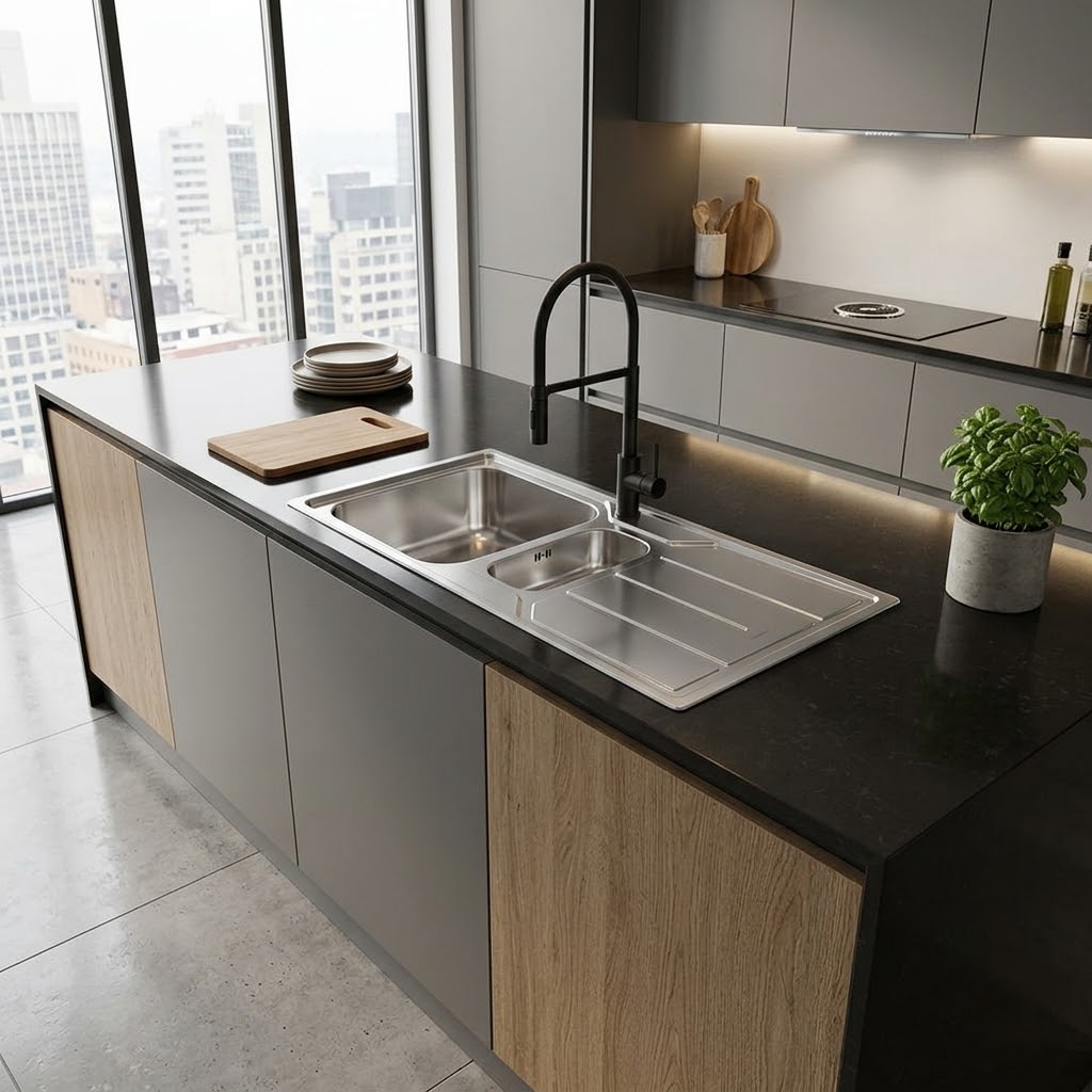 Moderna cucina con lavello in acciaio, rubinetto nero e isola davanti a una grande finestra con vista.
