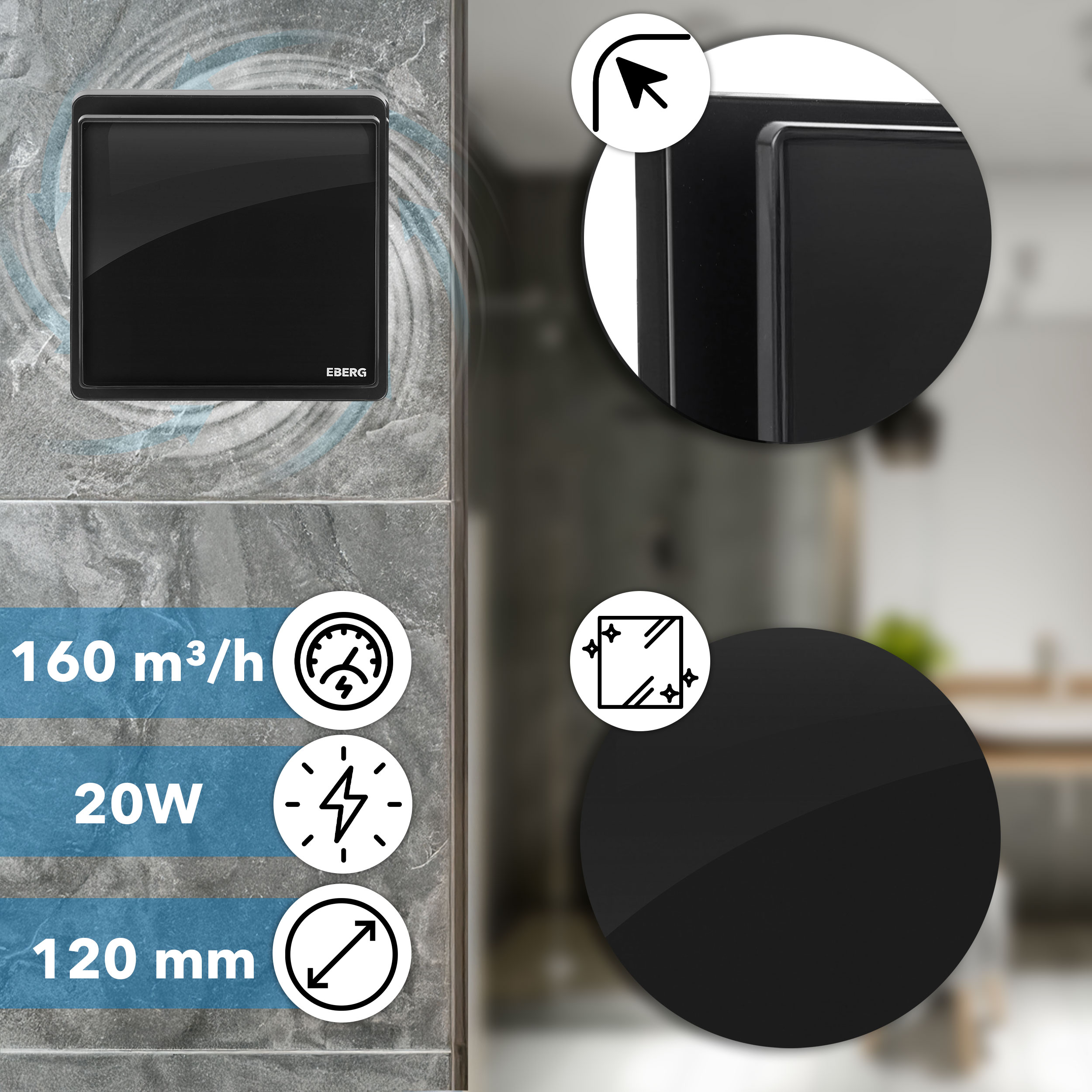 Czarny wentylator wyciągowy o specyfikacji: 160 m3/h, 20W, 120 mm.