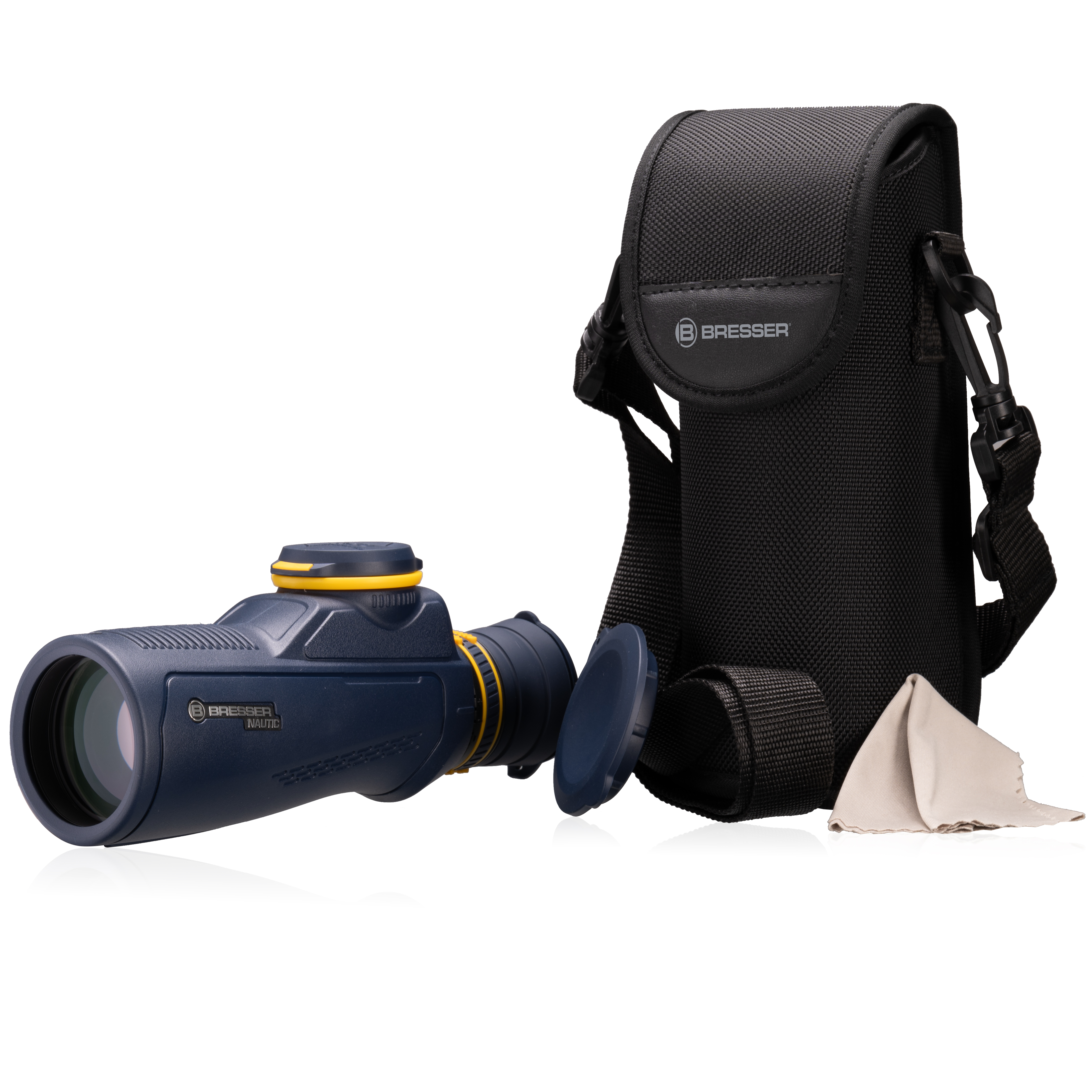 Un monocular azul con detalles amarillos junto a una funda negra y un paño de limpieza sobre fondo blanco.