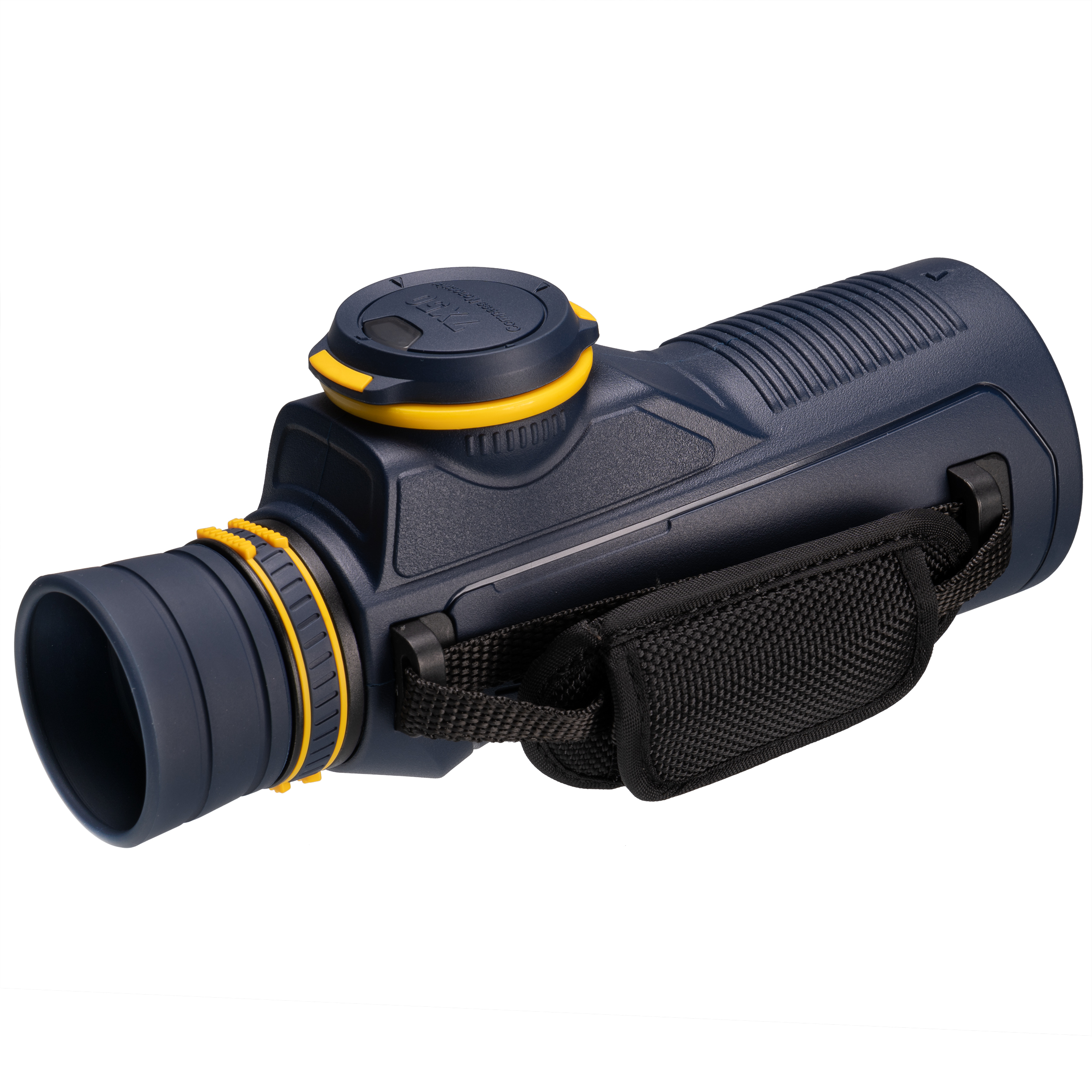 Monocular azul con detalles amarillos y correa de mano negra sobre fondo blanco.
