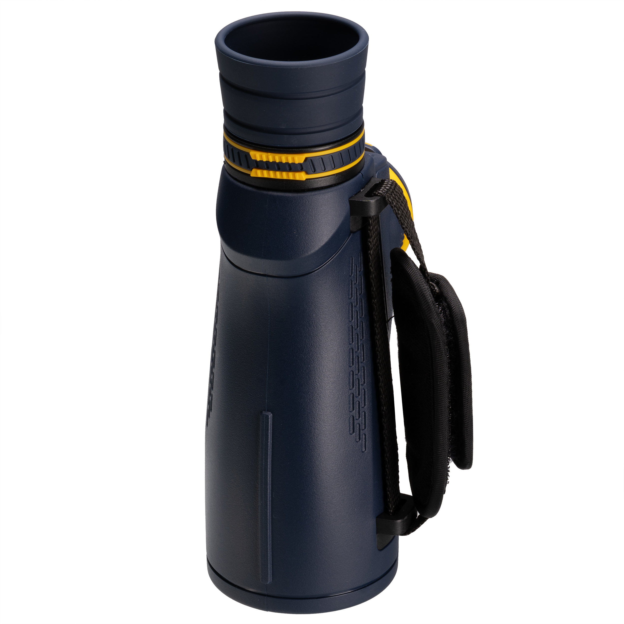 Un monocular azul y amarillo con correa de mano negra sobre fondo blanco.