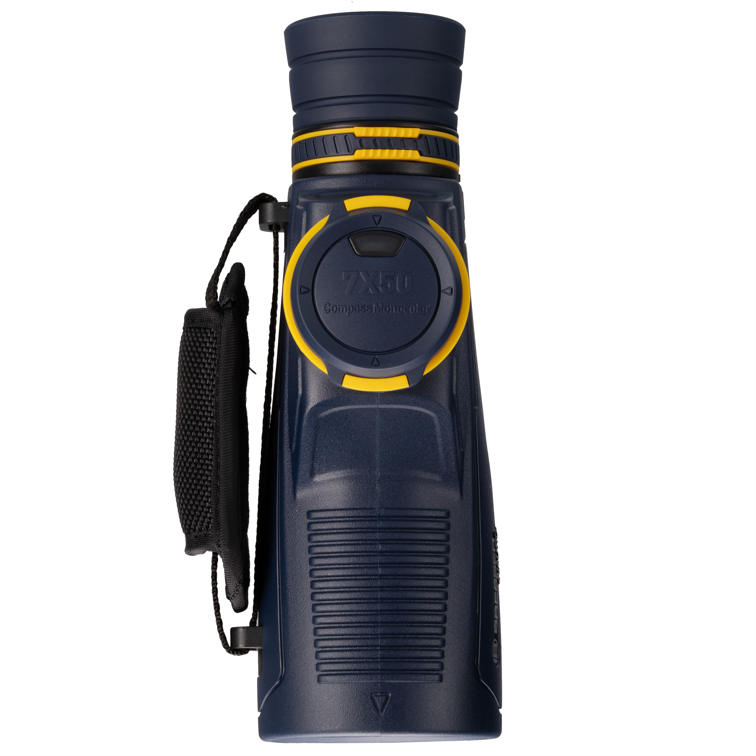 Un monocular de brújula azul 7x50 con correa de mano negra y detalles amarillos sobre fondo blanco.