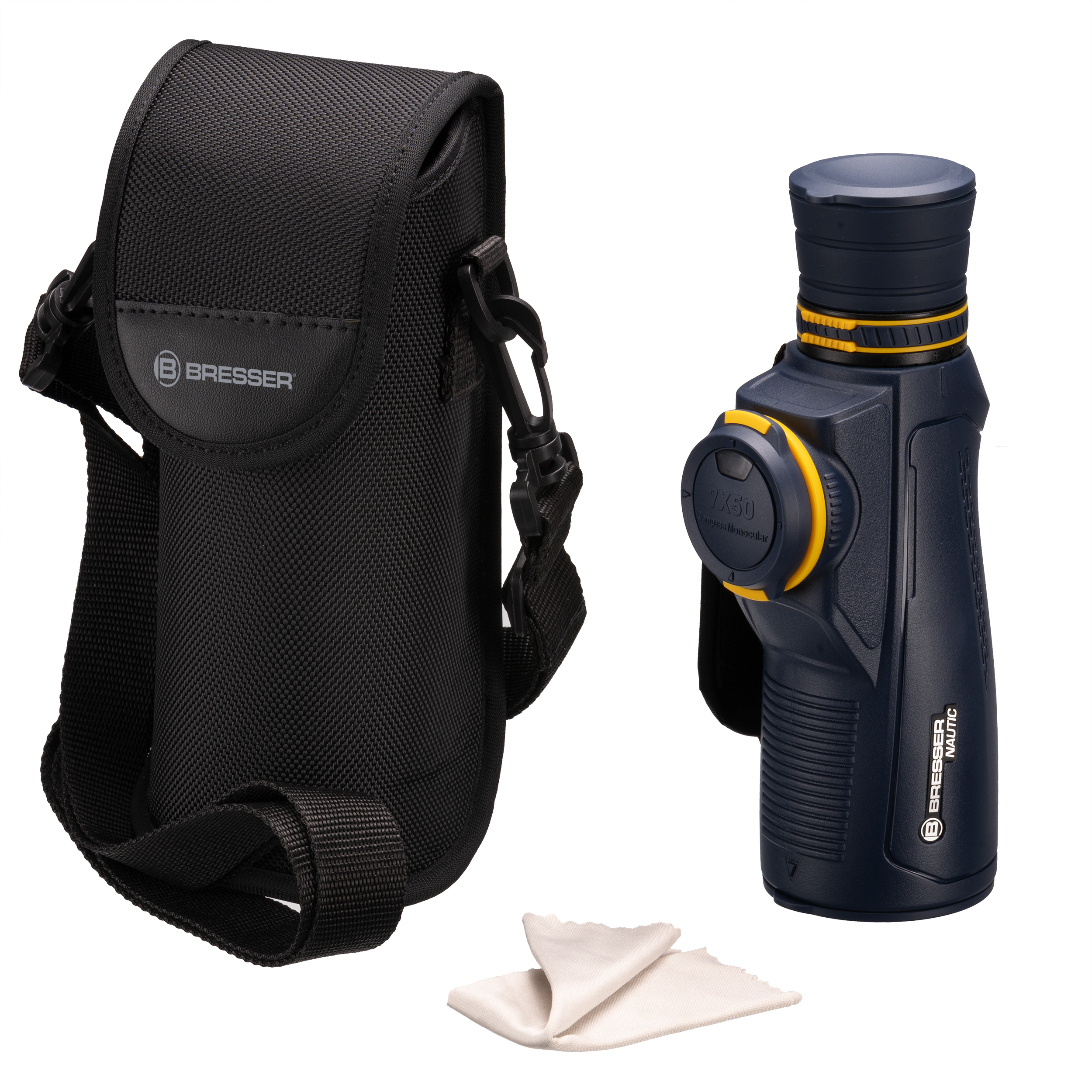 Monocular azul de Bresser, estuche negro y paño de limpieza.