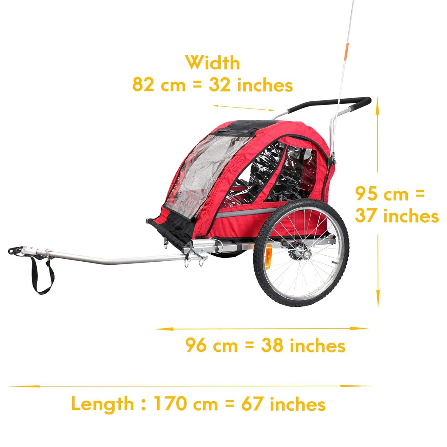 Remolque de bicicleta rojo con detalles negros, ruedas grandes y marcas de dimensiones amarillas.
