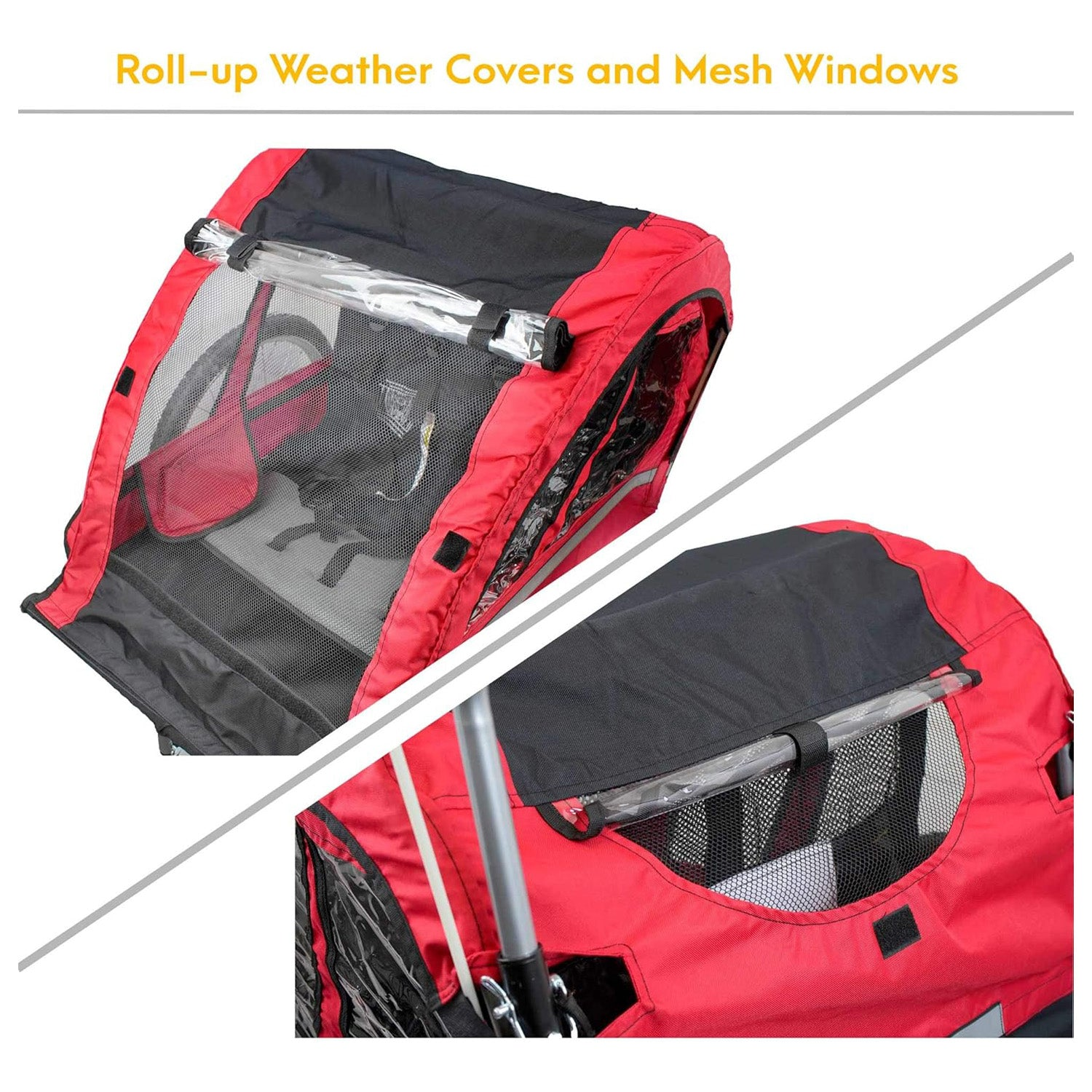 Remolque rojo y negro para niños con ventanas de malla enrollables y cubiertas transparentes.
