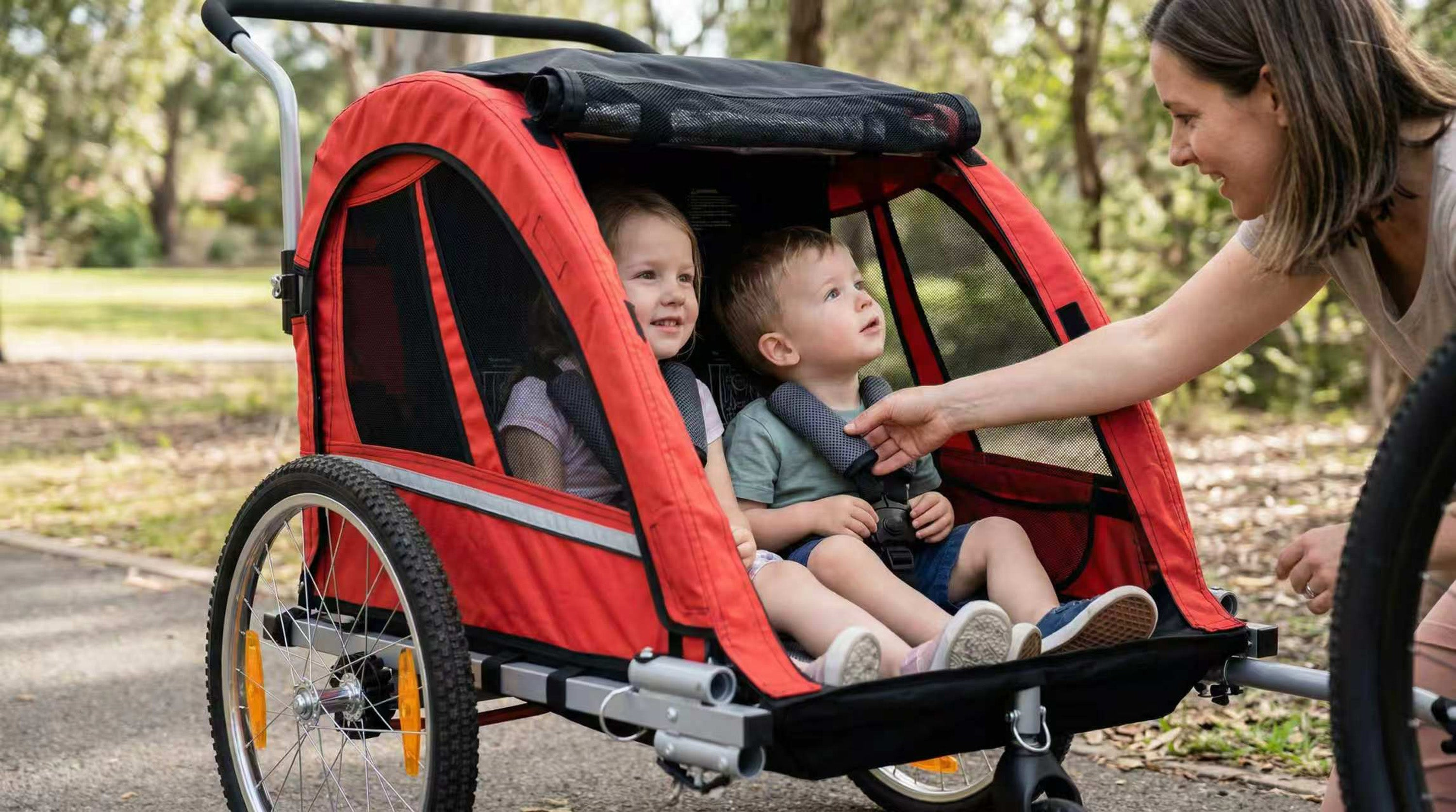 Una mujer abrocha el arnés a dos niños pequeños sentados dentro de un remolque rojo para bicicletas.