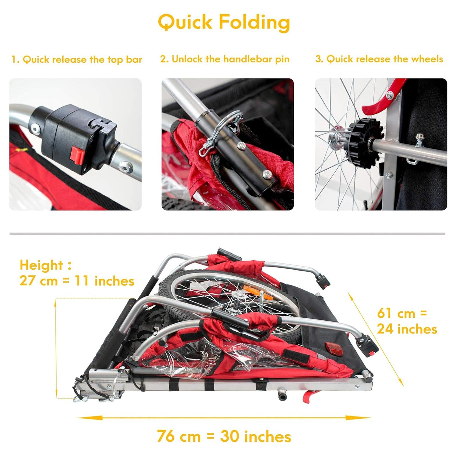 Instrucciones sobre cómo plegar rápidamente un remolque de bicicleta con dimensiones.