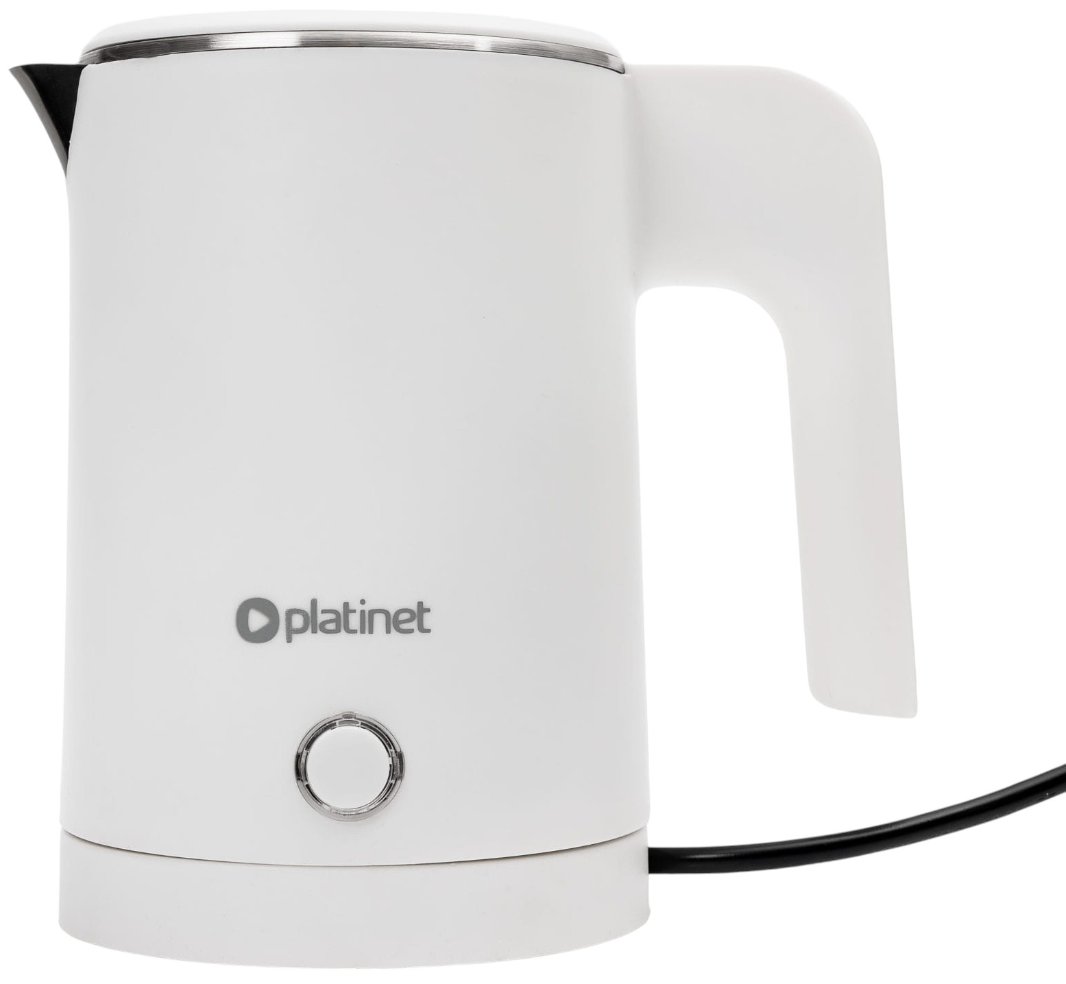 Un bollitore elettrico bianco Platinet con cavo nero e pulsante di accensione su sfondo bianco.