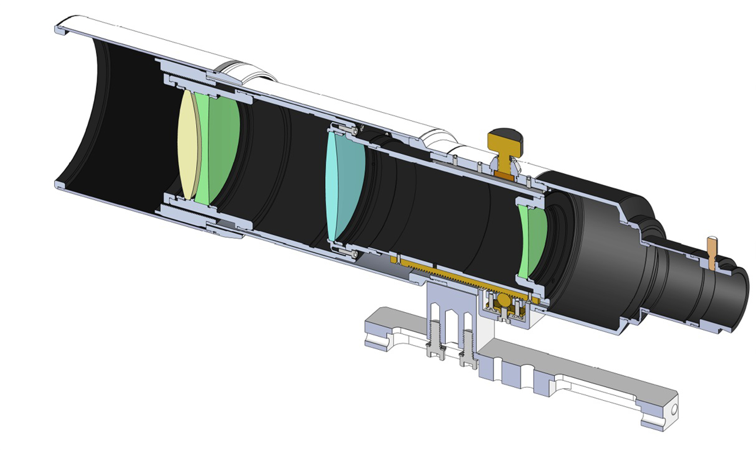 Sección transversal de un telescopio que muestra lentes internas, ruedas de enfoque y un soporte de metal.