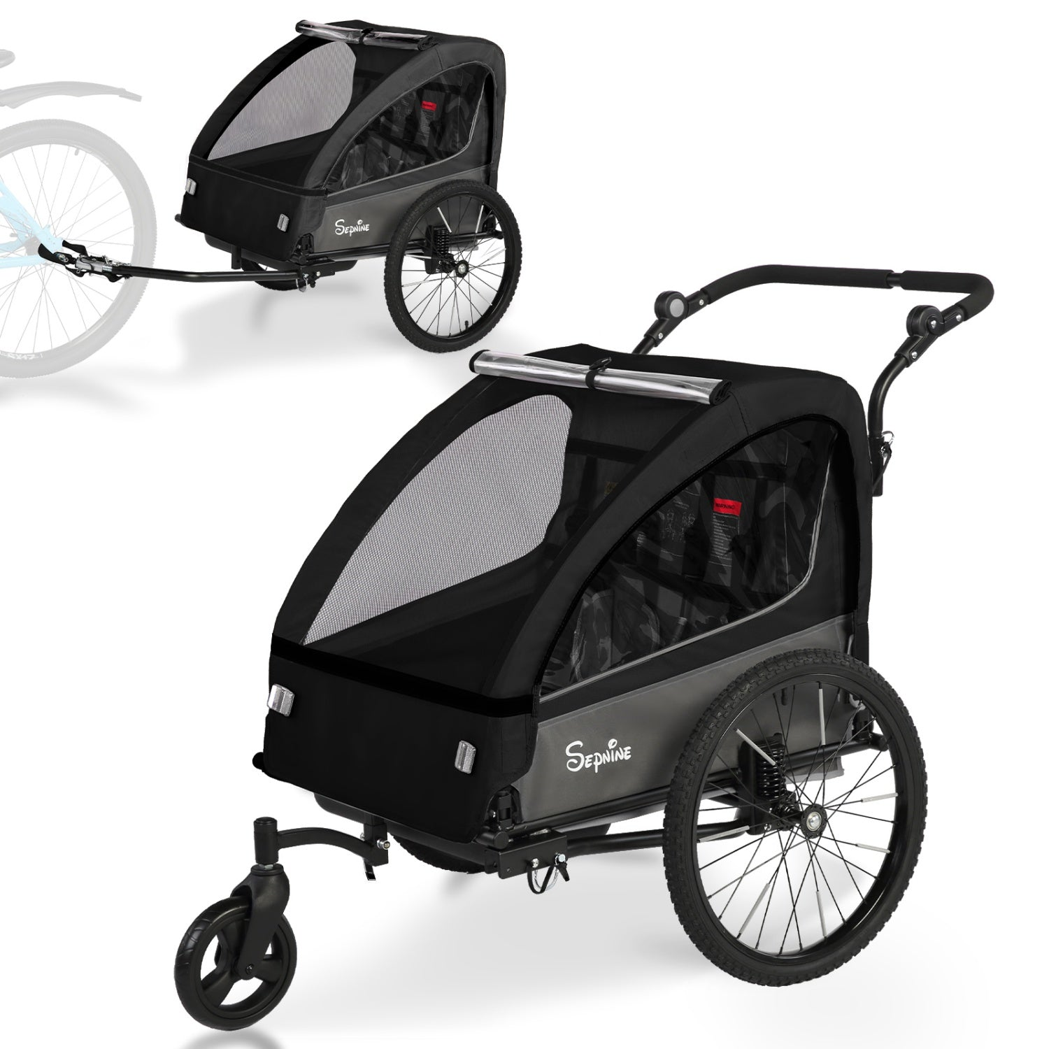 Un carrito y remolque para bicicleta Sepnine en negro y gris, mostrado con ambas configuraciones sobre fondo blanco.