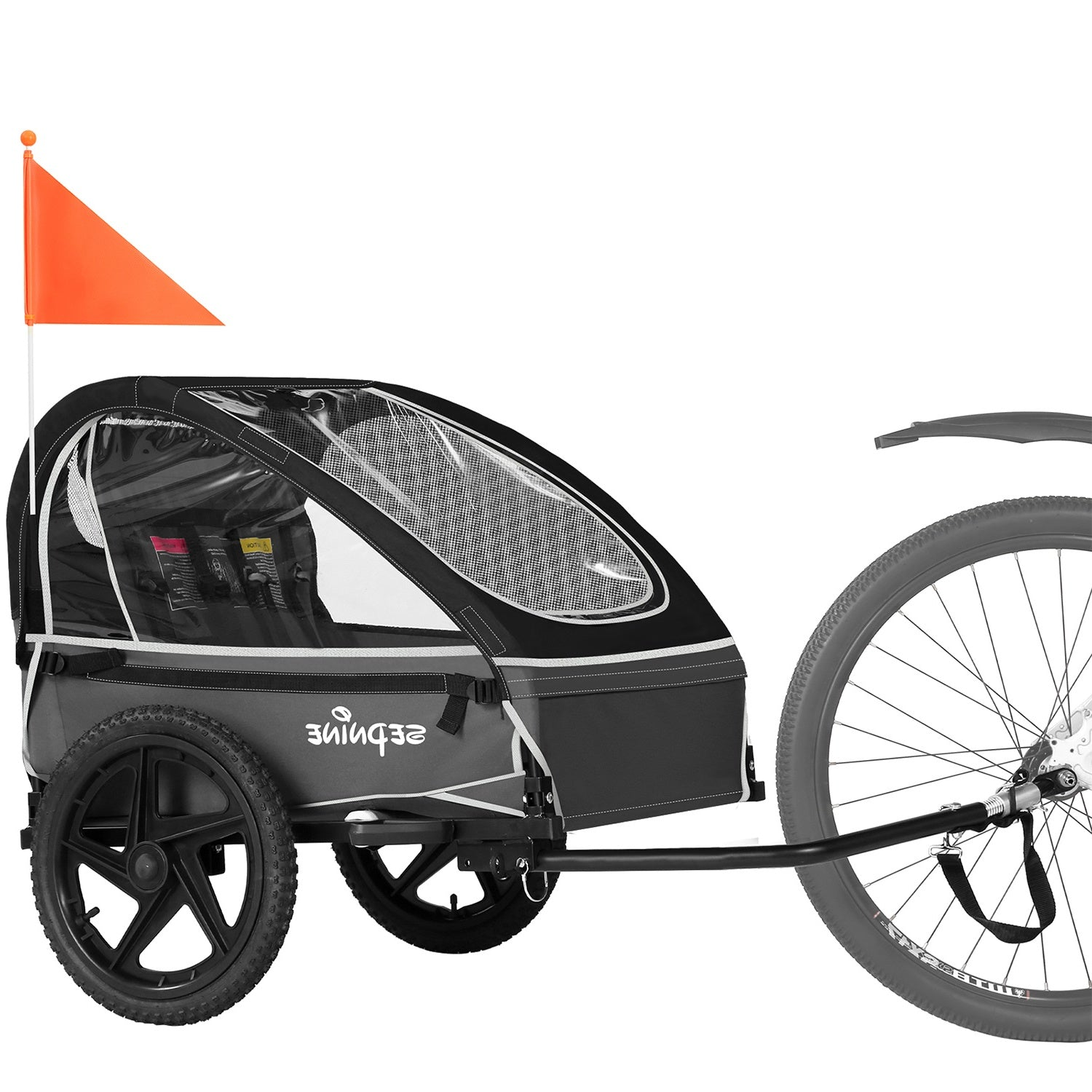 Ein grauer und schwarzer Fahrrad-Kinderanhänger mit einer orangefarbenen Sicherheitsfahne.